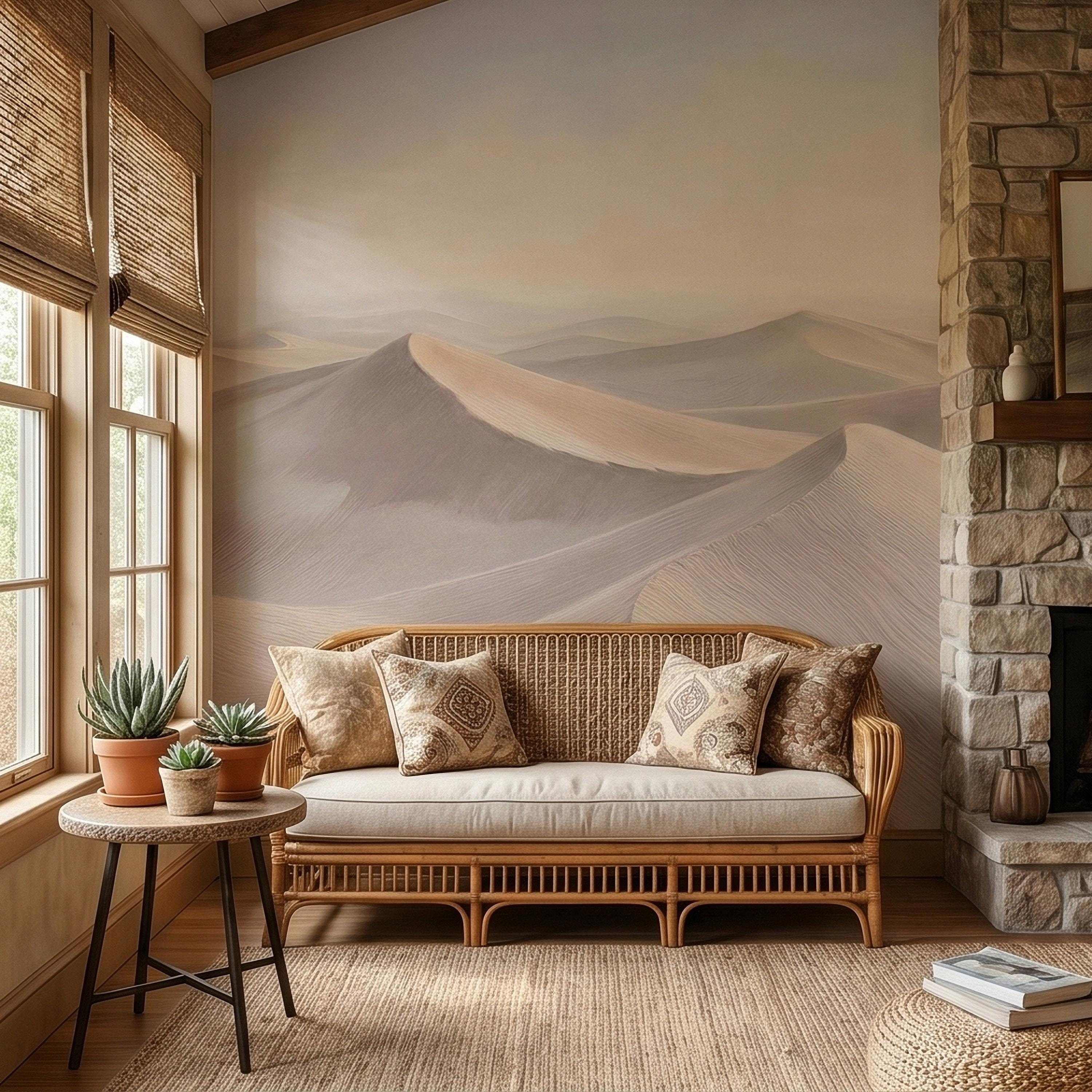 Minimalist Desert Sand Dunes Peel and Stick Wall Mural, Muted Pastel Neutral Beige Sand Dune Landscape, Calm Boho Sahara Sunrise Wallpaper