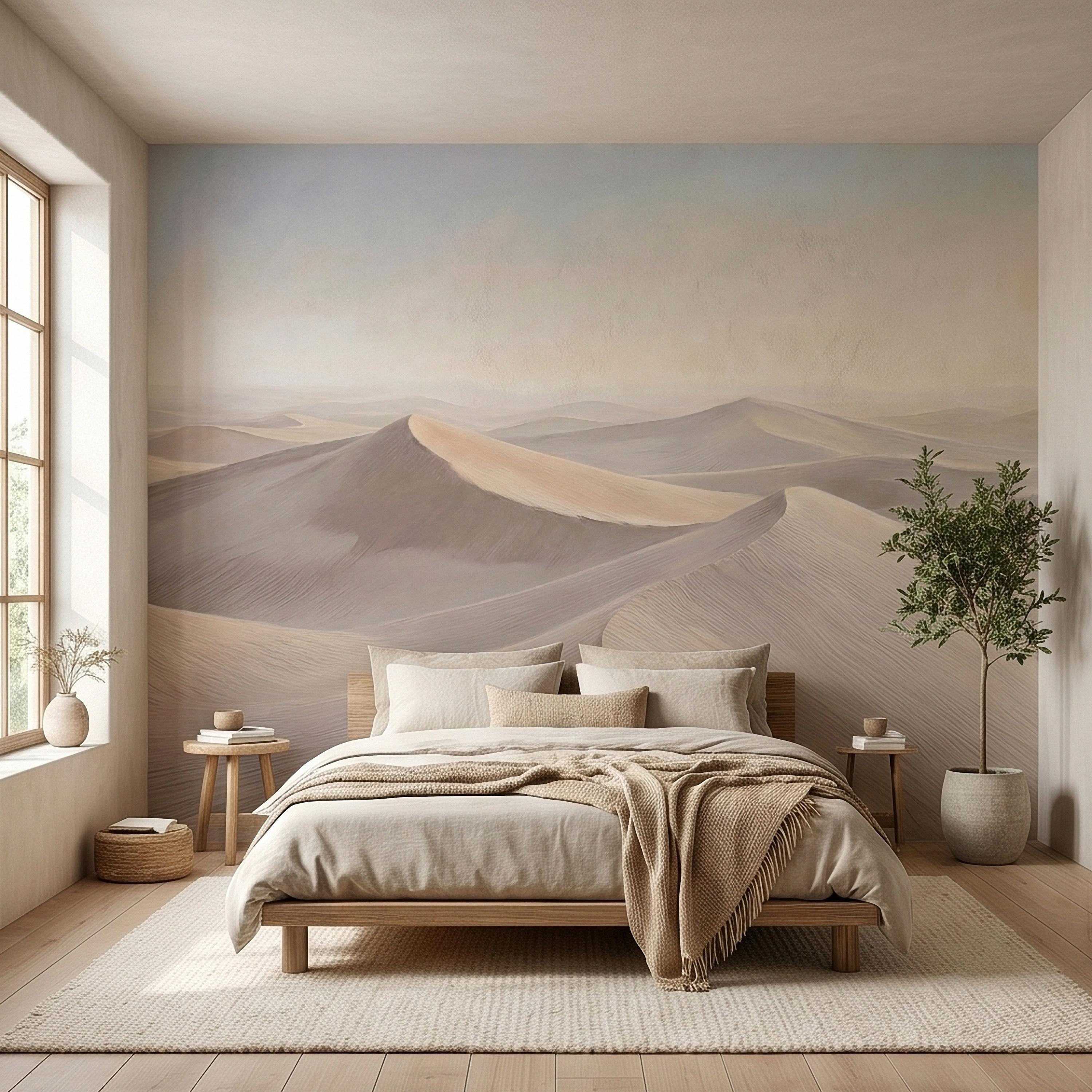 Minimalist Desert Sand Dunes Peel and Stick Wall Mural, Muted Pastel Neutral Beige Sand Dune Landscape, Calm Boho Sahara Sunrise Wallpaper