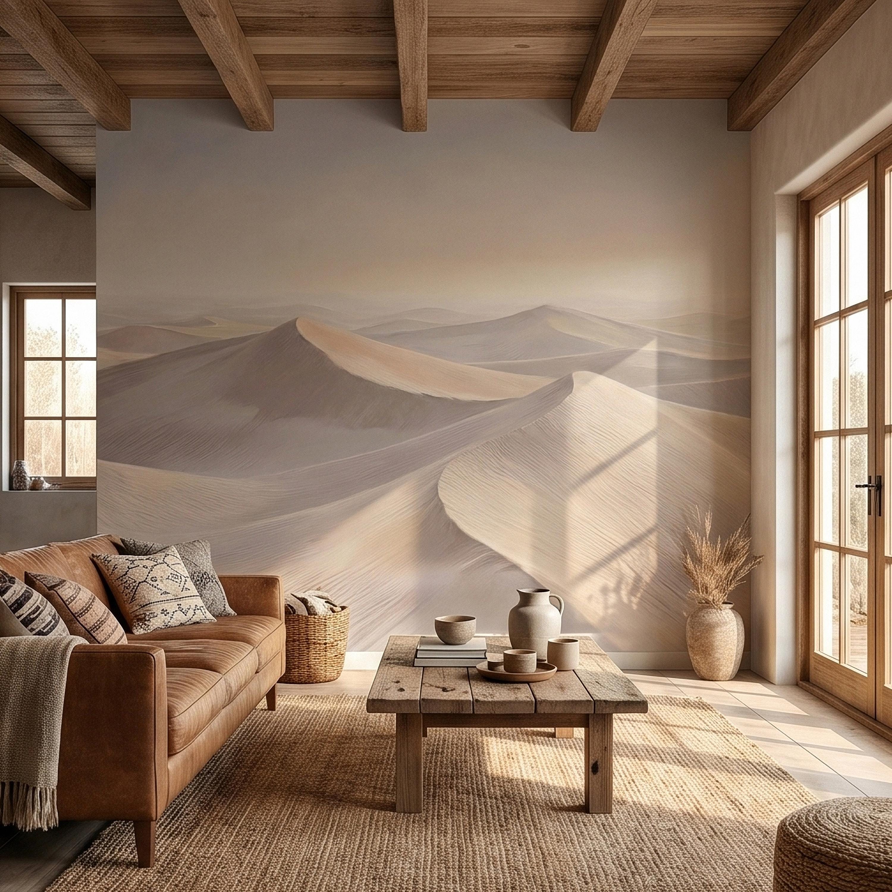 Minimalist Desert Sand Dunes Peel and Stick Wall Mural, Muted Pastel Neutral Beige Sand Dune Landscape, Calm Boho Sahara Sunrise Wallpaper