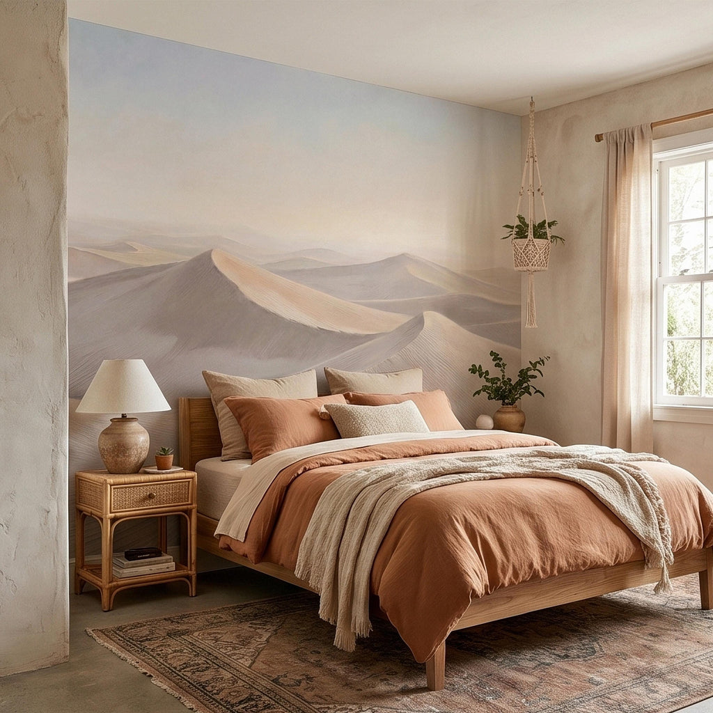 Minimalist Desert Sand Dunes Peel and Stick Wall Mural, Muted Pastel Neutral Beige Sand Dune Landscape, Calm Boho Sahara Sunrise Wallpaper