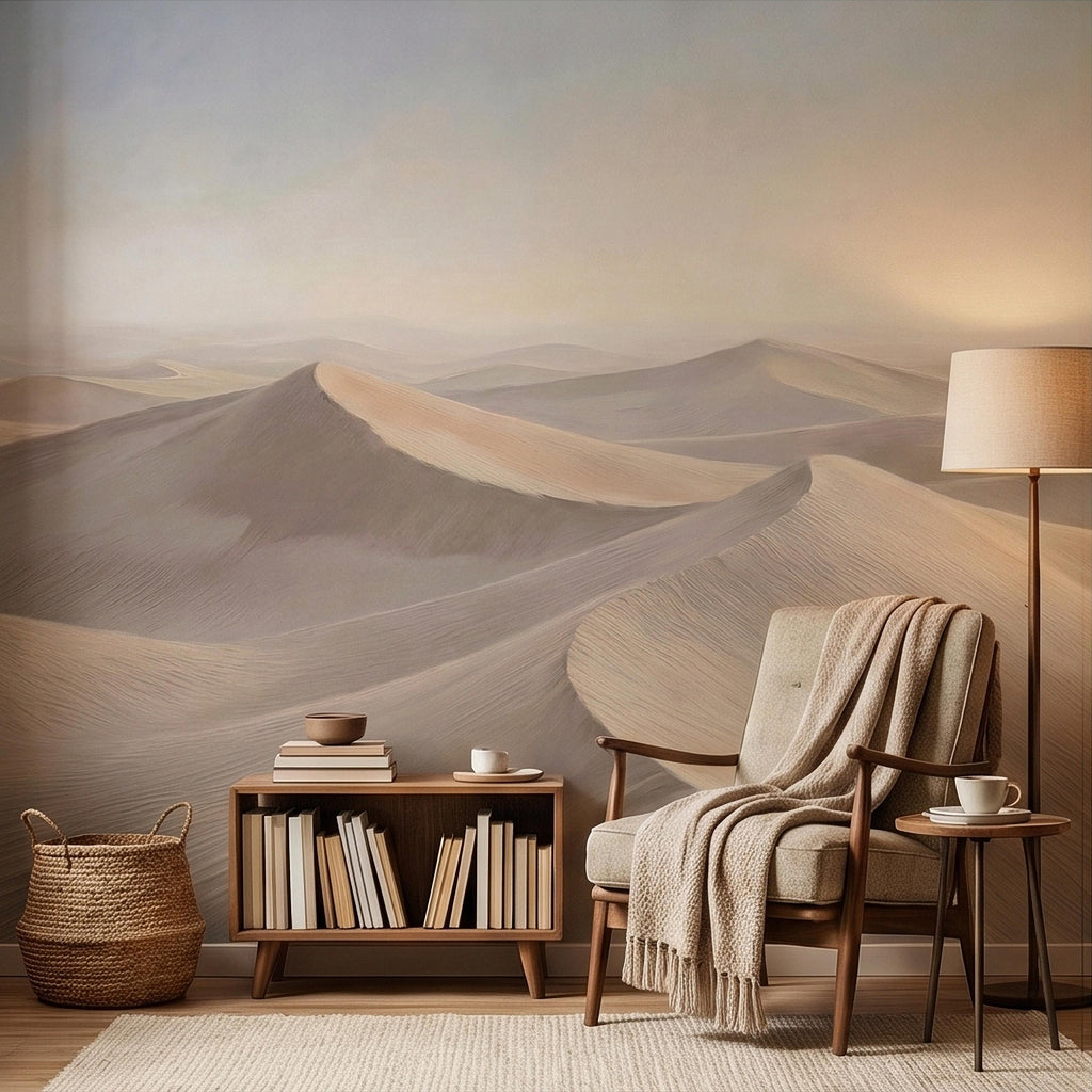 Minimalist Desert Sand Dunes Peel and Stick Wall Mural, Muted Pastel Neutral Beige Sand Dune Landscape, Calm Boho Sahara Sunrise Wallpaper