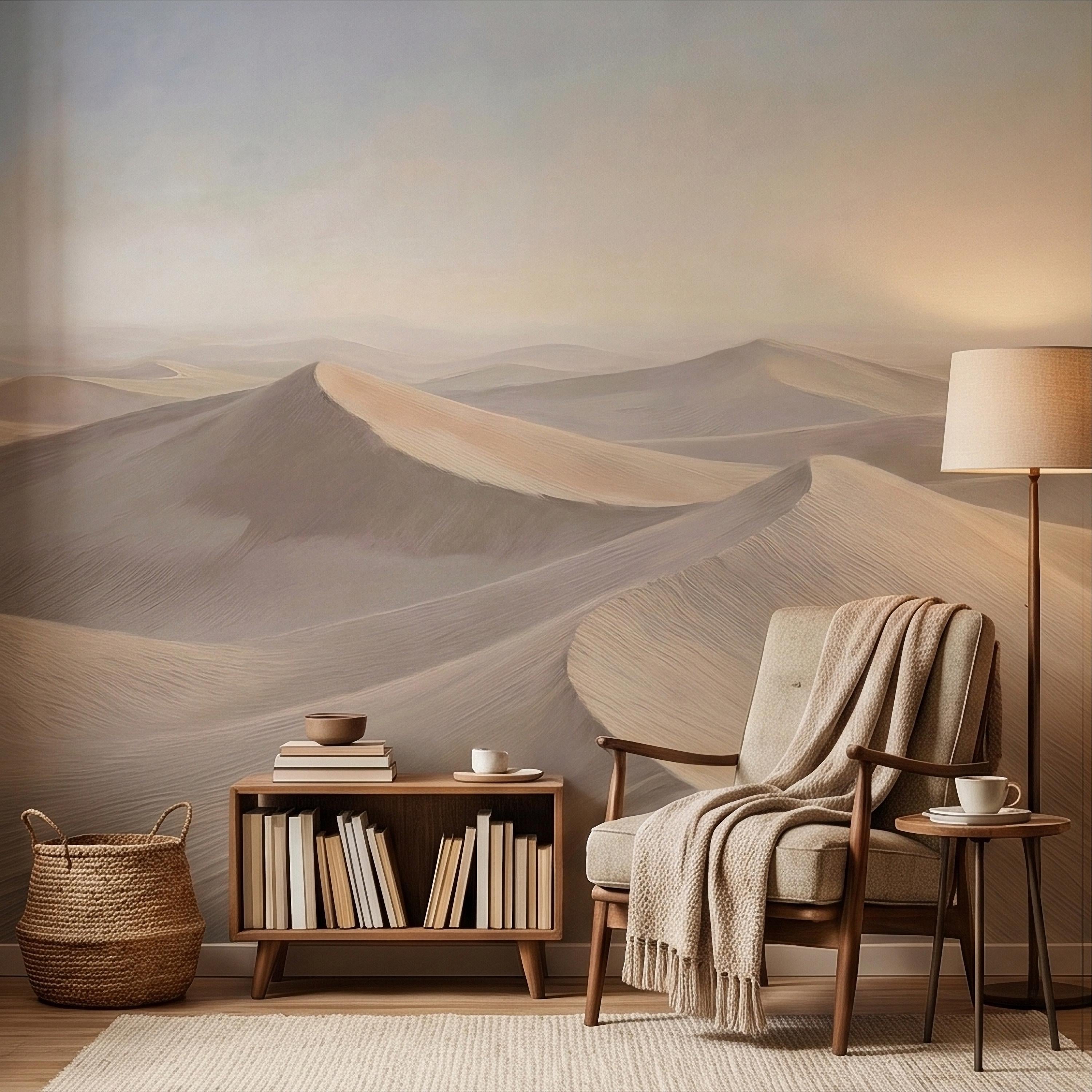 Minimalist Desert Sand Dunes Peel and Stick Wall Mural, Muted Pastel Neutral Beige Sand Dune Landscape, Calm Boho Sahara Sunrise Wallpaper