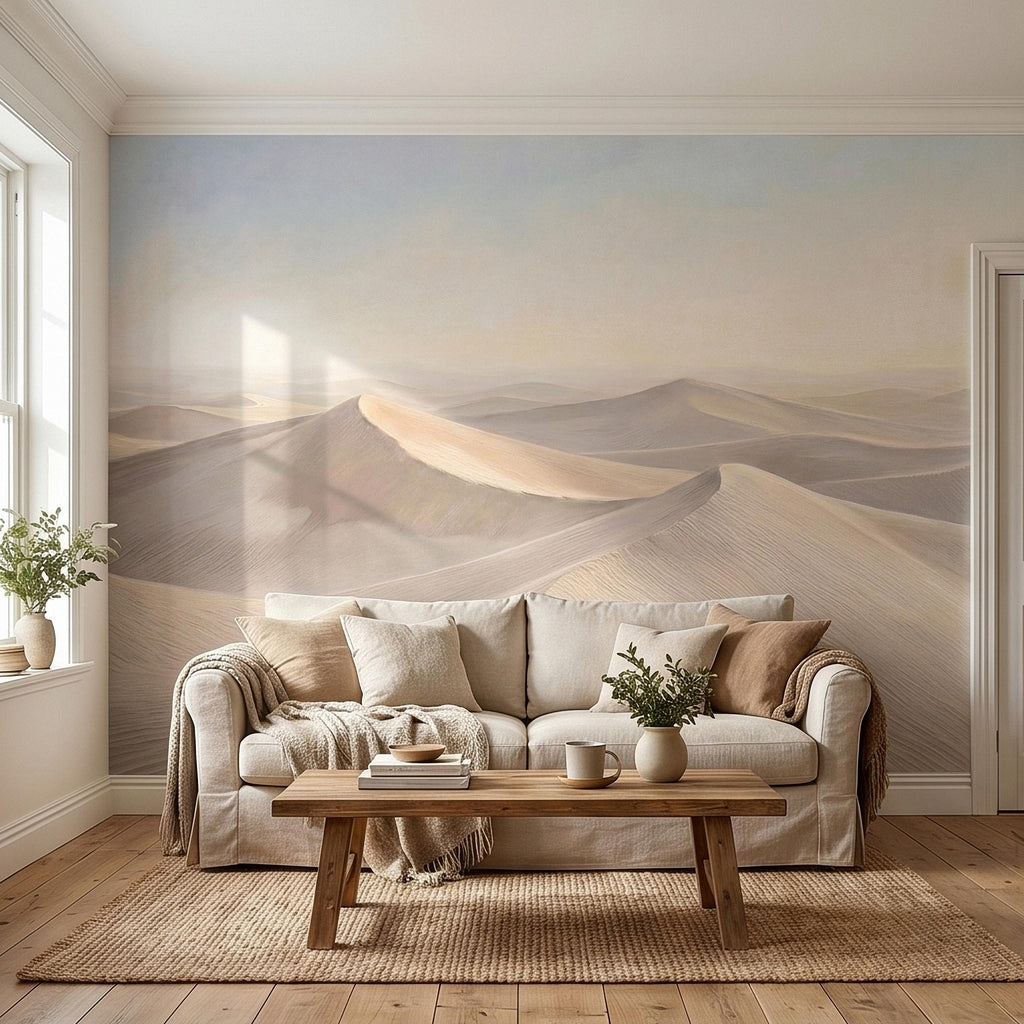 Minimalist Desert Sand Dunes Peel and Stick Wall Mural, Muted Pastel Neutral Beige Sand Dune Landscape, Calm Boho Sahara Sunrise Wallpaper