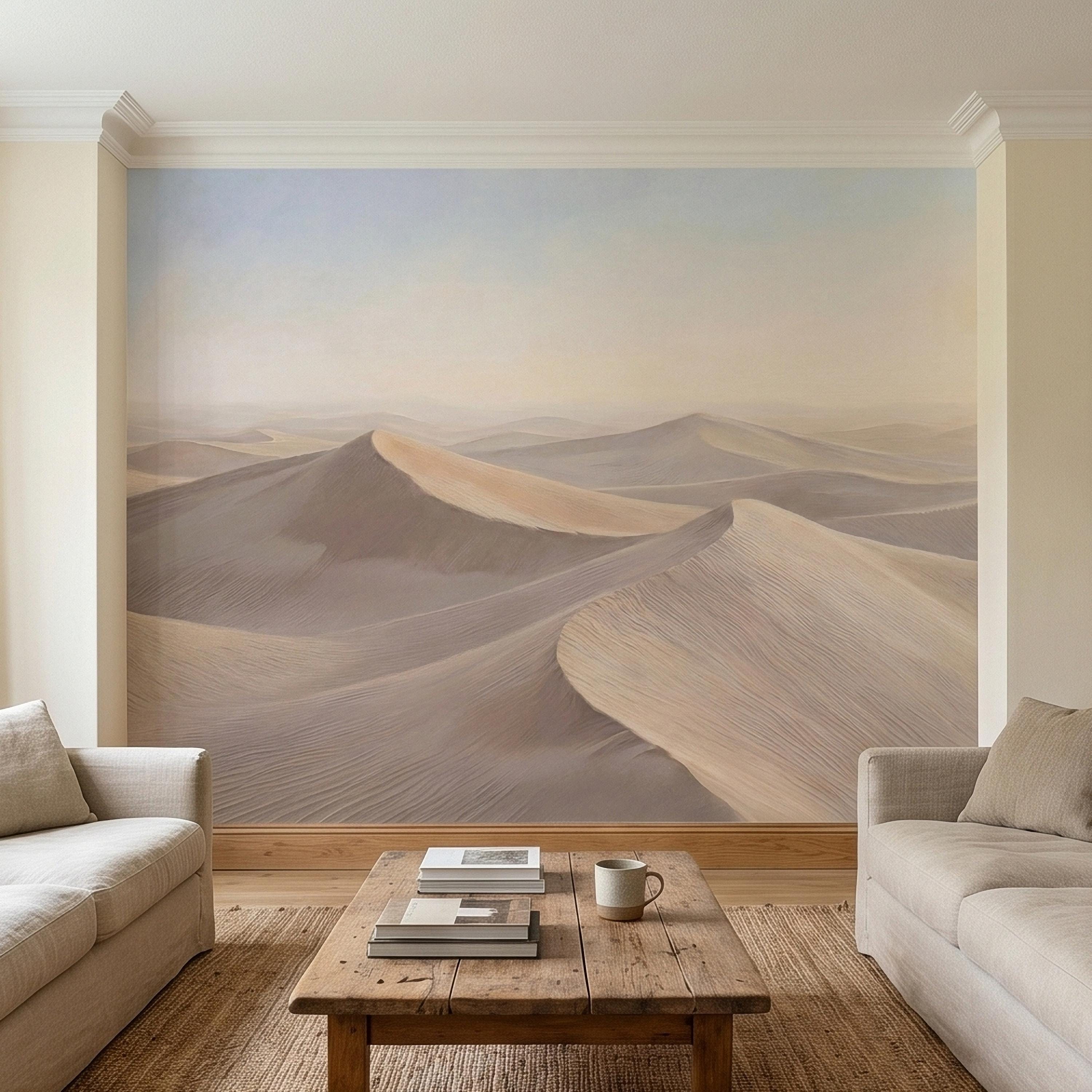 Minimalist Desert Sand Dunes Peel and Stick Wall Mural, Muted Pastel Neutral Beige Sand Dune Landscape, Calm Boho Sahara Sunrise Wallpaper