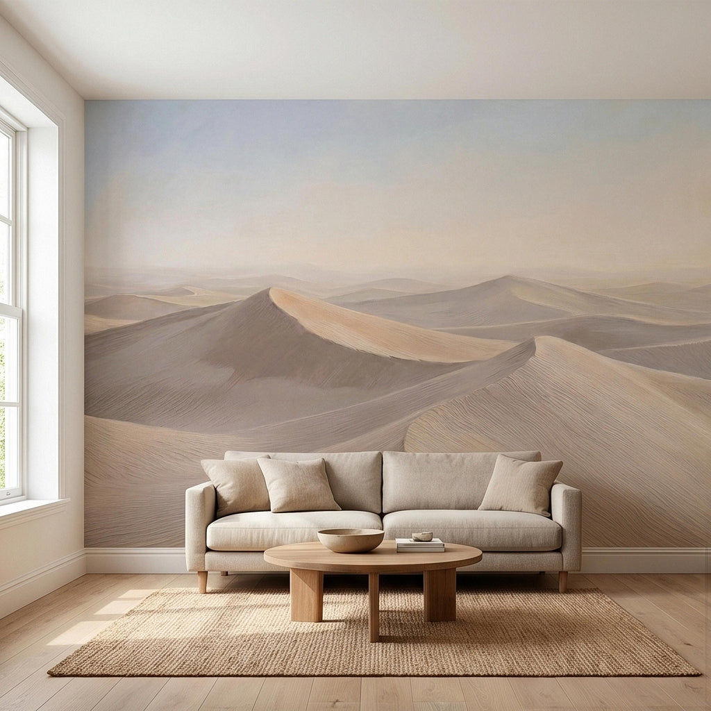 Minimalist Desert Sand Dunes Peel and Stick Wall Mural, Muted Pastel Neutral Beige Sand Dune Landscape, Calm Boho Sahara Sunrise Wallpaper