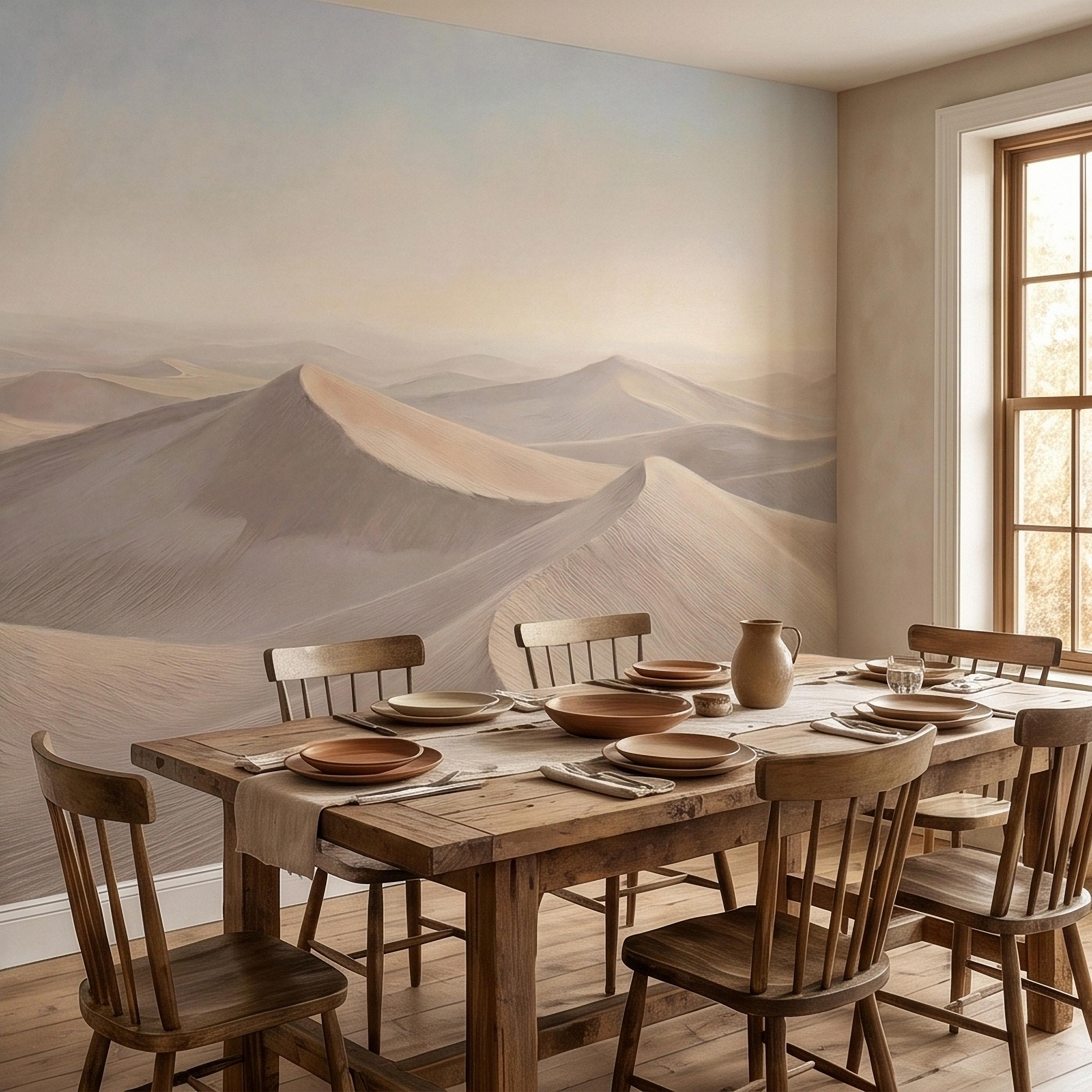 Minimalist Desert Sand Dunes Peel and Stick Wall Mural, Muted Pastel Neutral Beige Sand Dune Landscape, Calm Boho Sahara Sunrise Wallpaper