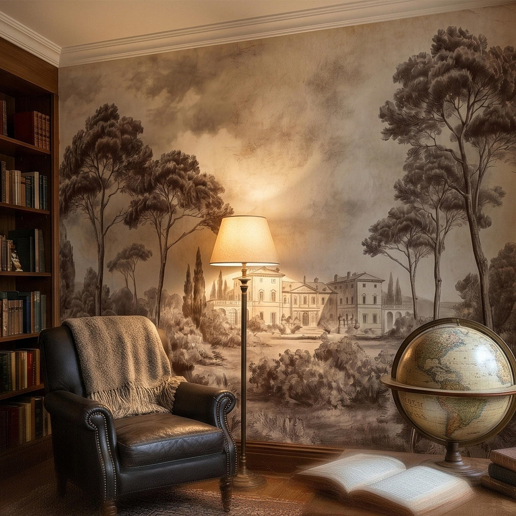 Vintage Tuscan Villa Estate Peel and Stick Wall Mural Sepia Toile Italian Countryside Landscape Neutral Beige Brown Classic Scenic Wallpaper