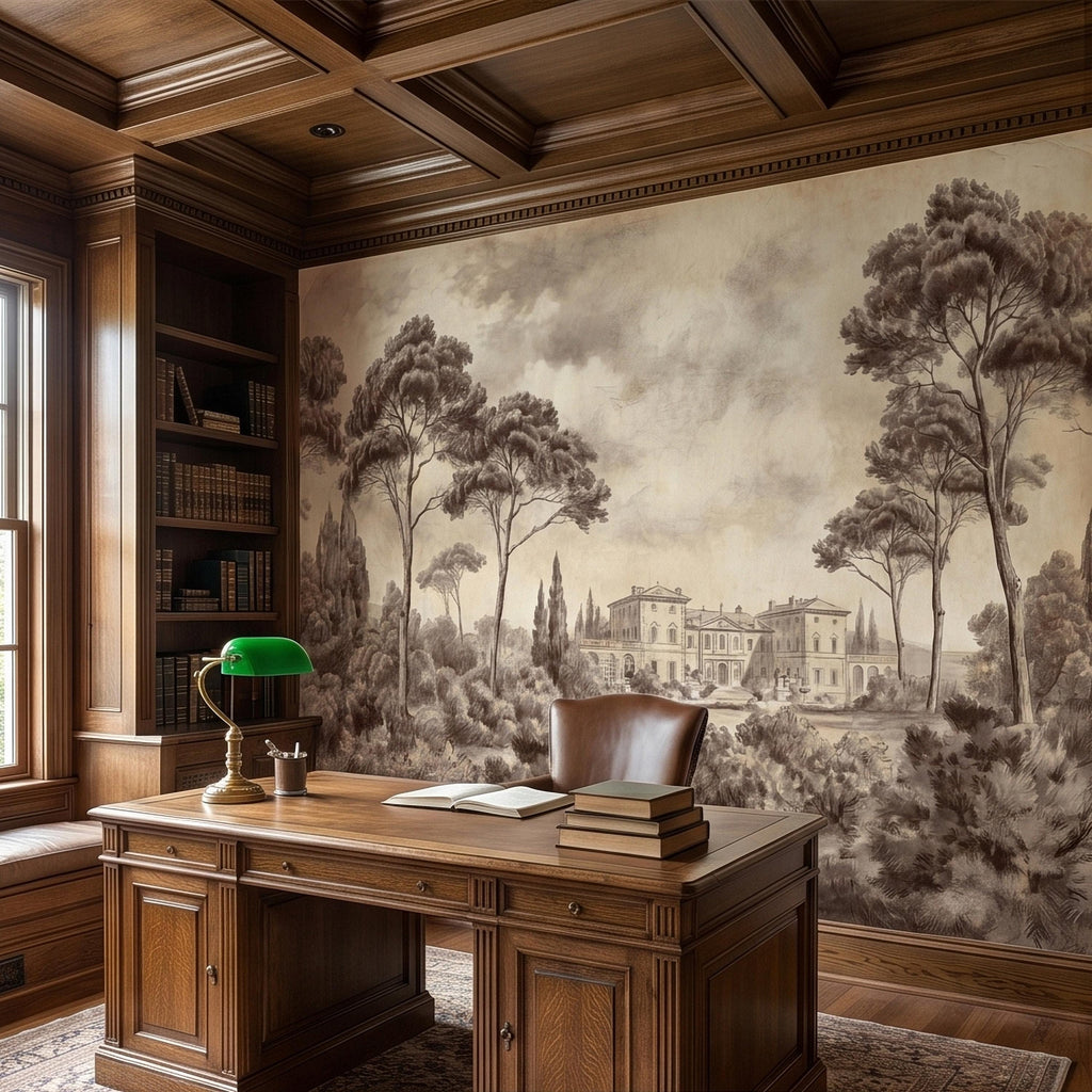Vintage Tuscan Villa Estate Peel and Stick Wall Mural Sepia Toile Italian Countryside Landscape Neutral Beige Brown Classic Scenic Wallpaper