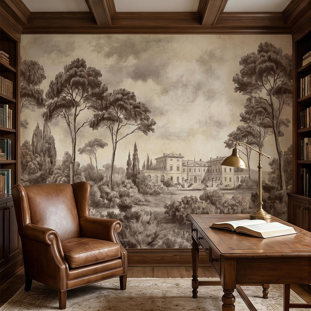 Vintage Tuscan Villa Estate Peel and Stick Wall Mural Sepia Toile Italian Countryside Landscape Neutral Beige Brown Classic Scenic Wallpaper
