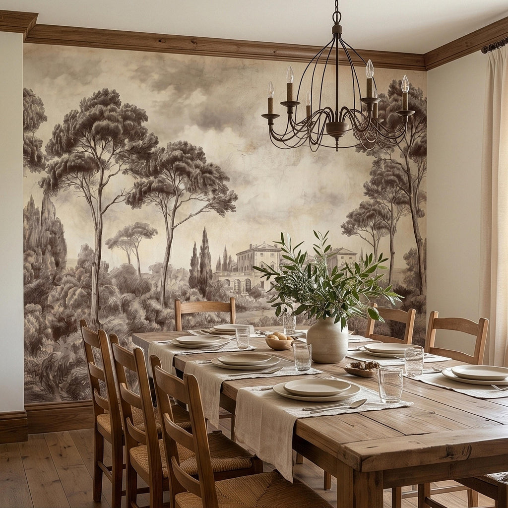 Vintage Tuscan Villa Estate Peel and Stick Wall Mural Sepia Toile Italian Countryside Landscape Neutral Beige Brown Classic Scenic Wallpaper