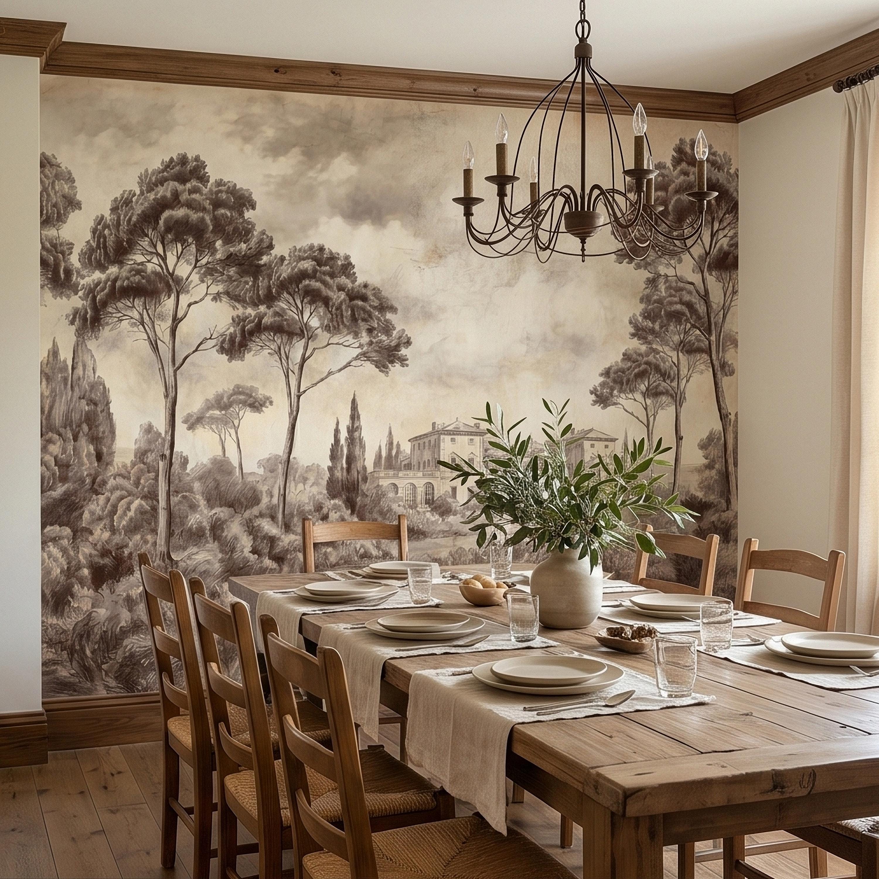 Vintage Tuscan Villa Estate Peel and Stick Wall Mural Sepia Toile Italian Countryside Landscape Neutral Beige Brown Classic Scenic Wallpaper