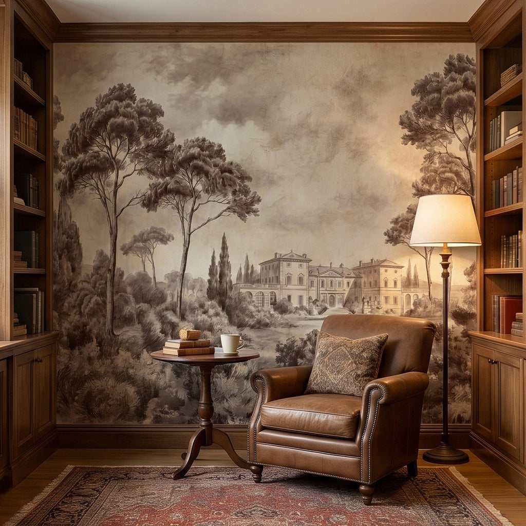 Vintage Tuscan Villa Estate Peel and Stick Wall Mural Sepia Toile Italian Countryside Landscape Neutral Beige Brown Classic Scenic Wallpaper