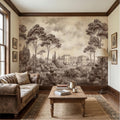 Vintage Tuscan Villa Estate Peel and Stick Wall Mural Sepia Toile Italian Countryside Landscape Neutral Beige Brown Classic Scenic Wallpaper