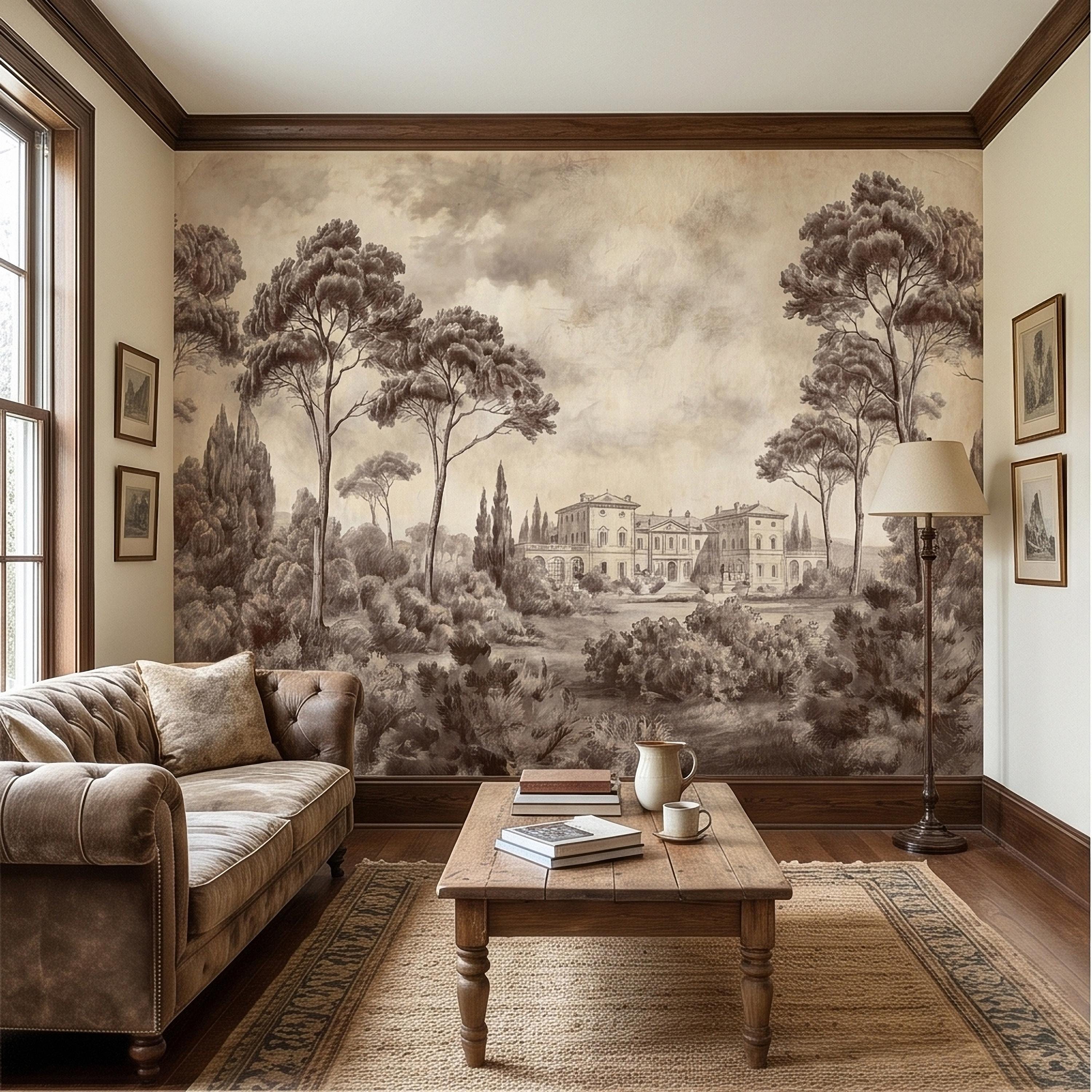 Vintage Tuscan Villa Estate Peel and Stick Wall Mural Sepia Toile Italian Countryside Landscape Neutral Beige Brown Classic Scenic Wallpaper