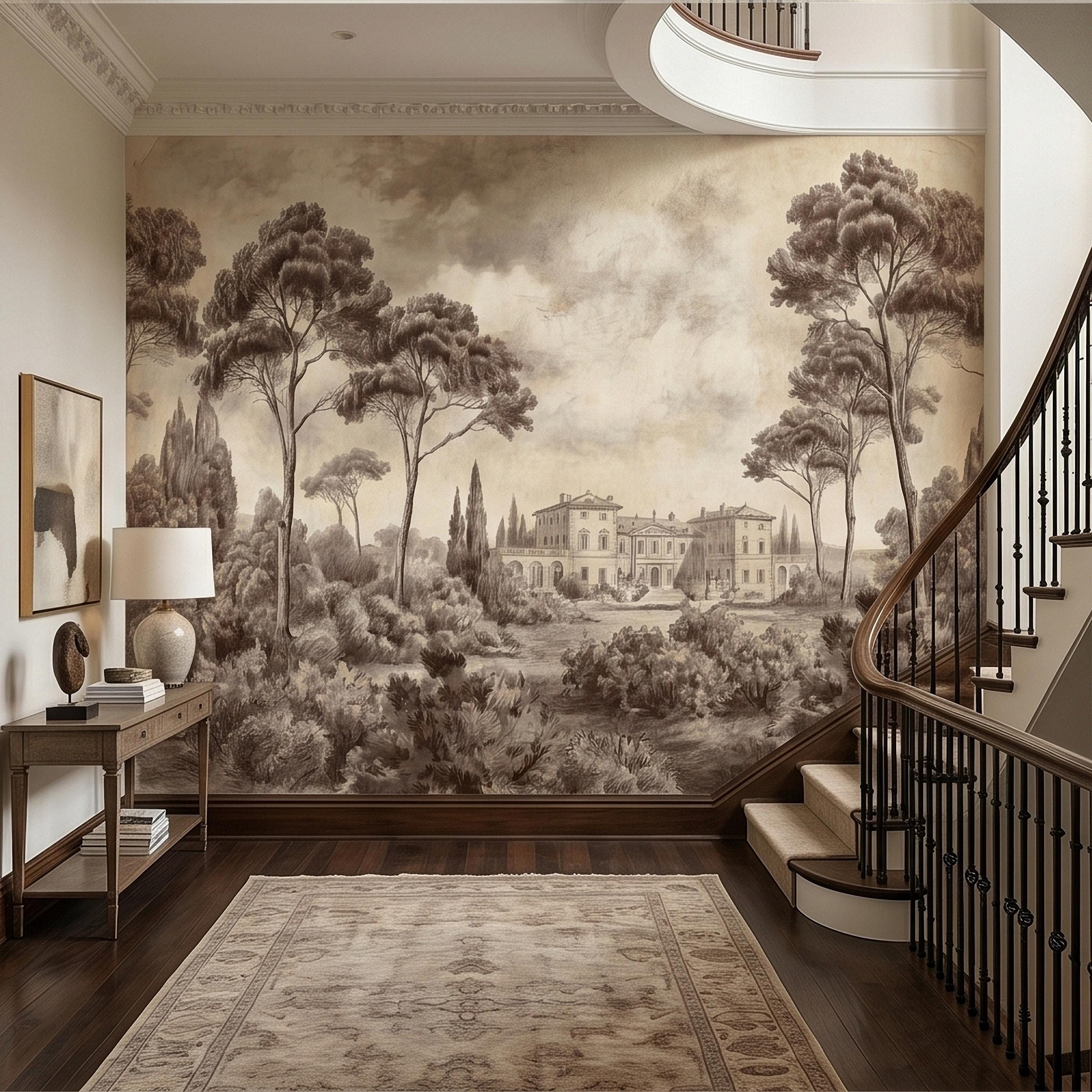 Vintage Tuscan Villa Estate Peel and Stick Wall Mural Sepia Toile Italian Countryside Landscape Neutral Beige Brown Classic Scenic Wallpaper