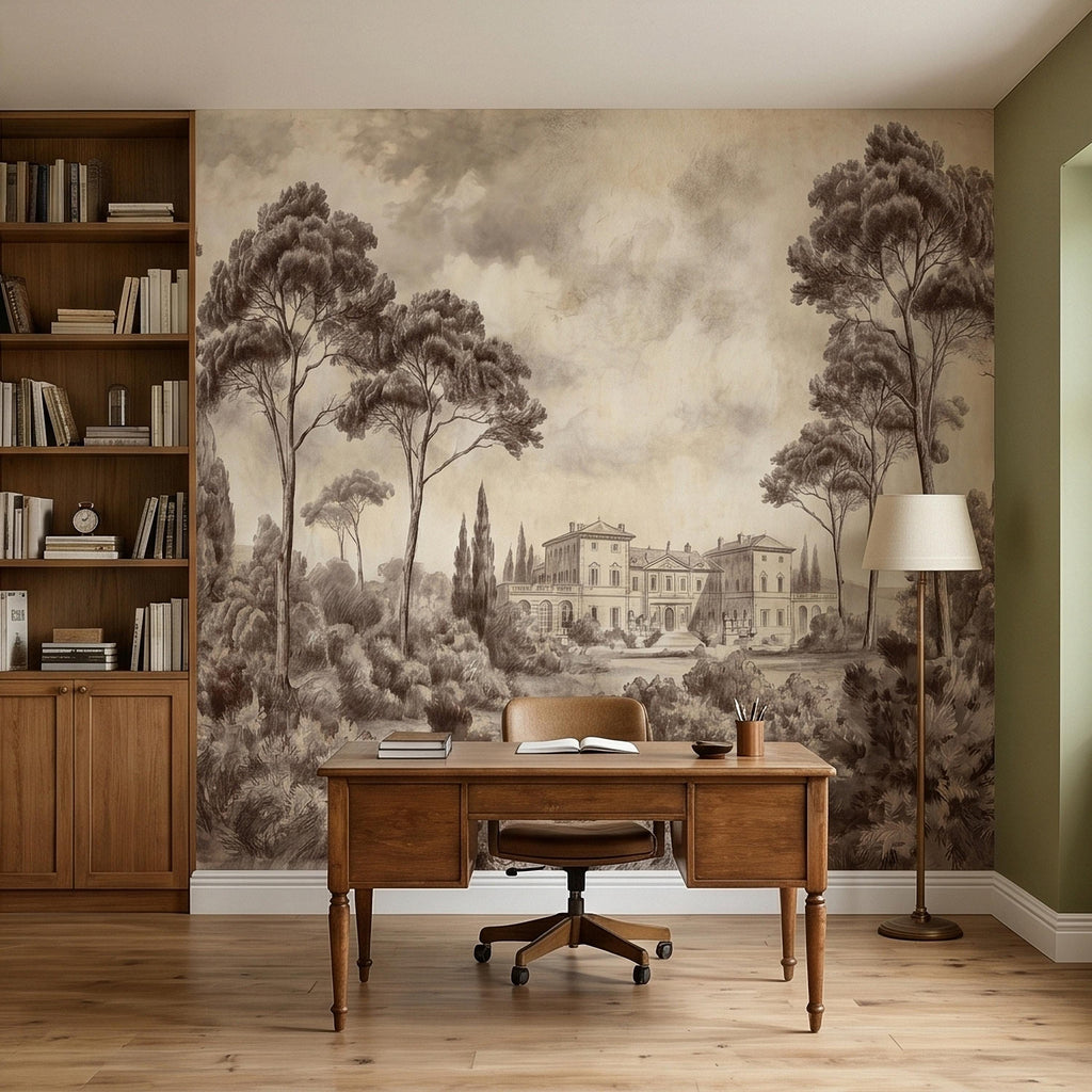 Vintage Tuscan Villa Estate Peel and Stick Wall Mural Sepia Toile Italian Countryside Landscape Neutral Beige Brown Classic Scenic Wallpaper