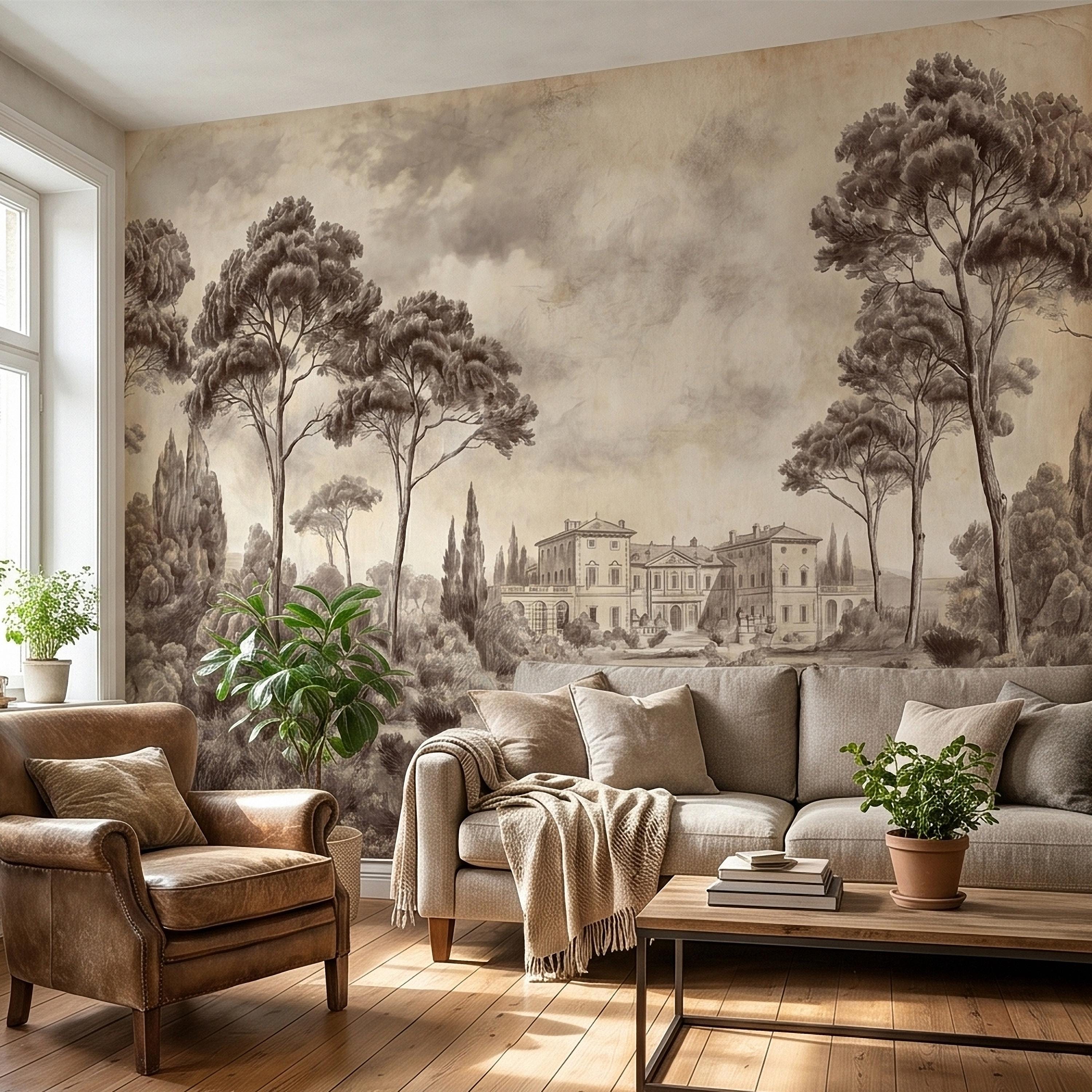 Vintage Tuscan Villa Estate Peel and Stick Wall Mural Sepia Toile Italian Countryside Landscape Neutral Beige Brown Classic Scenic Wallpaper
