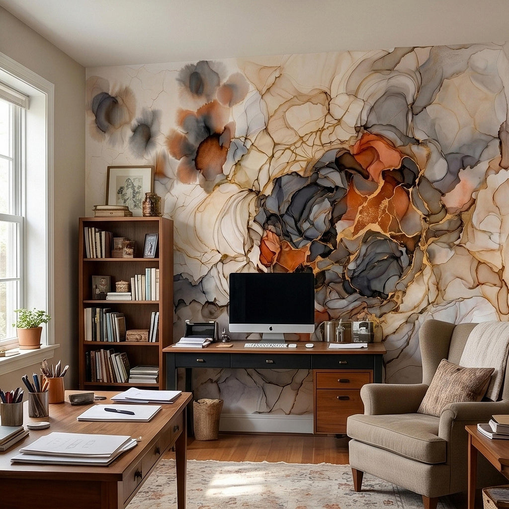 Abstract Marble Alcohol Ink Peel and Stick Wall Mural, Neutral Beige Gray Terracotta Copper Geode Fluid Swirl, Modern Boho Luxury Wallpaper