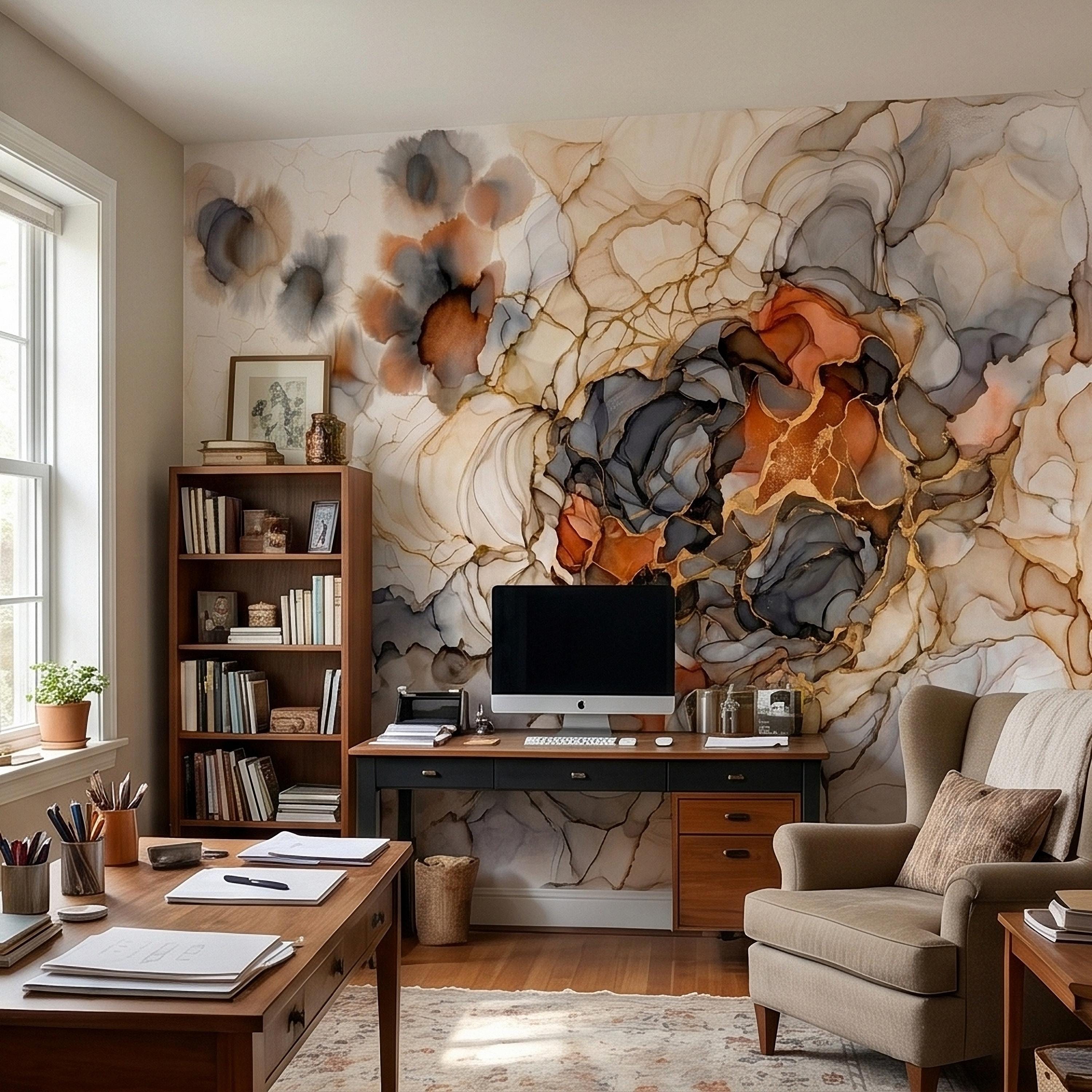 Abstract Marble Alcohol Ink Peel and Stick Wall Mural, Neutral Beige Gray Terracotta Copper Geode Fluid Swirl, Modern Boho Luxury Wallpaper