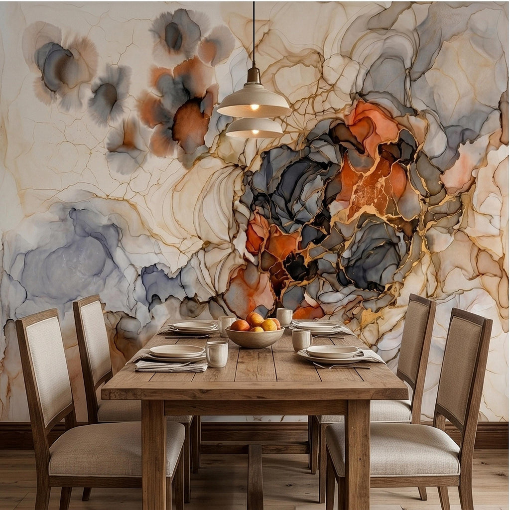 Abstract Marble Alcohol Ink Peel and Stick Wall Mural, Neutral Beige Gray Terracotta Copper Geode Fluid Swirl, Modern Boho Luxury Wallpaper