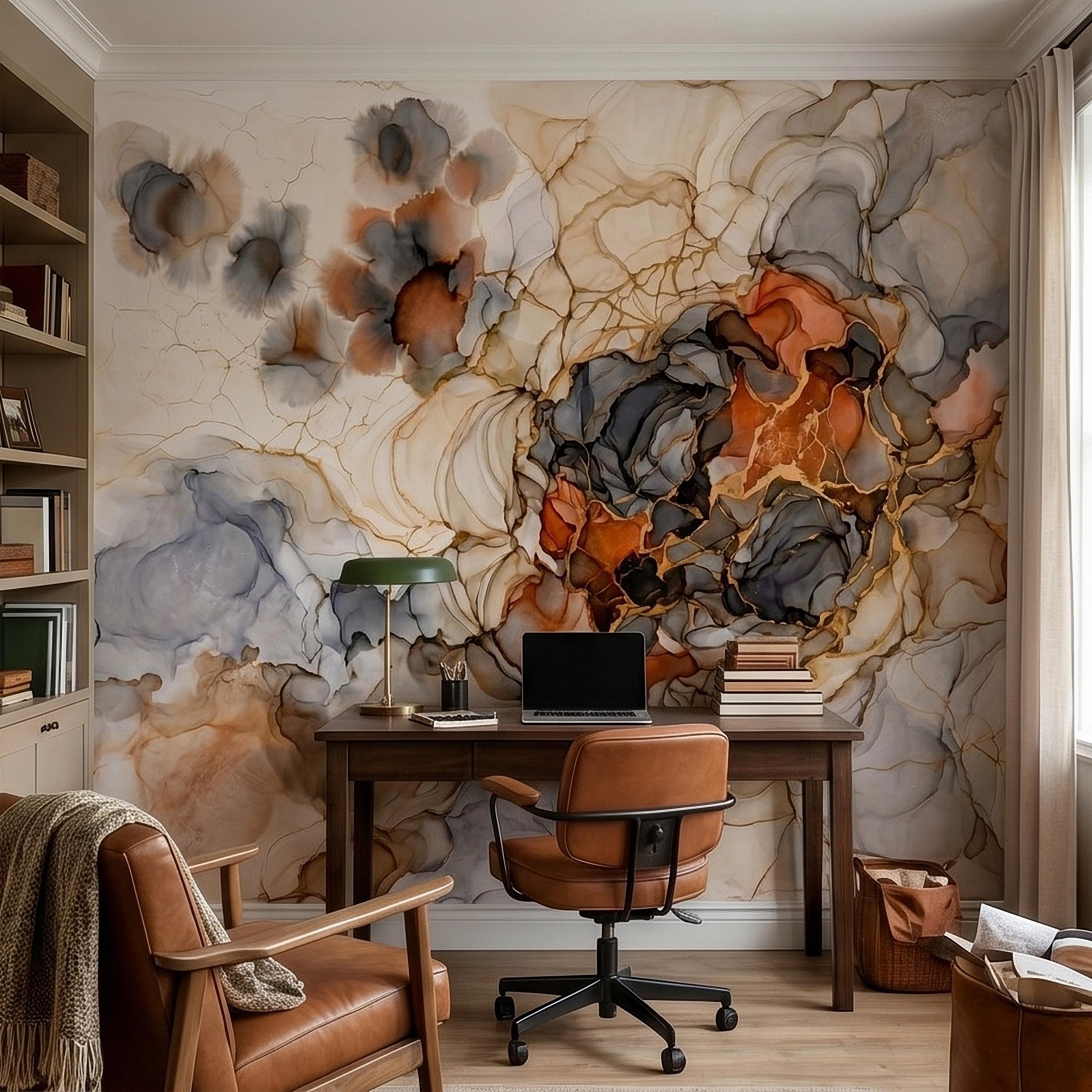 Abstract Marble Alcohol Ink Peel and Stick Wall Mural, Neutral Beige Gray Terracotta Copper Geode Fluid Swirl, Modern Boho Luxury Wallpaper