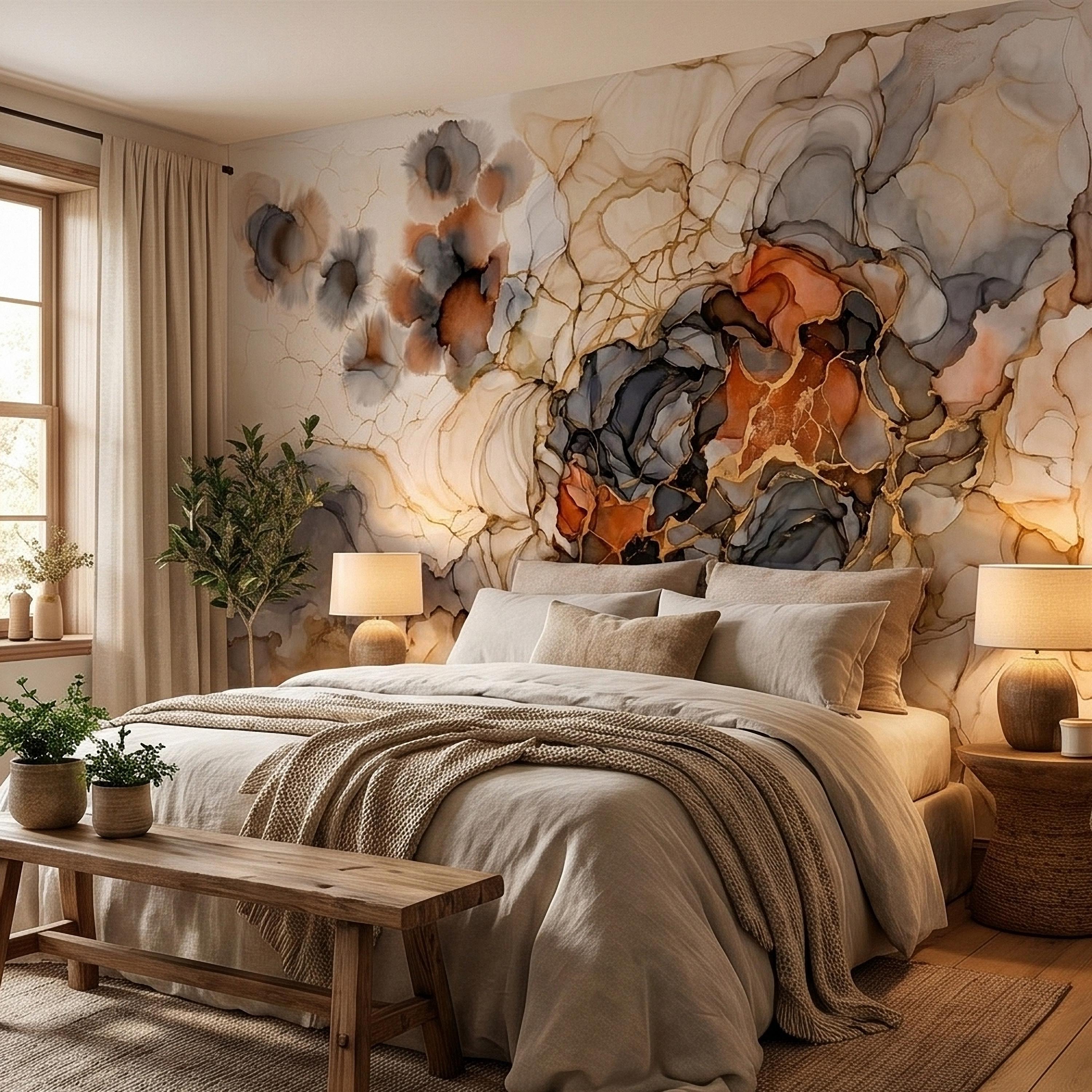 Abstract Marble Alcohol Ink Peel and Stick Wall Mural, Neutral Beige Gray Terracotta Copper Geode Fluid Swirl, Modern Boho Luxury Wallpaper