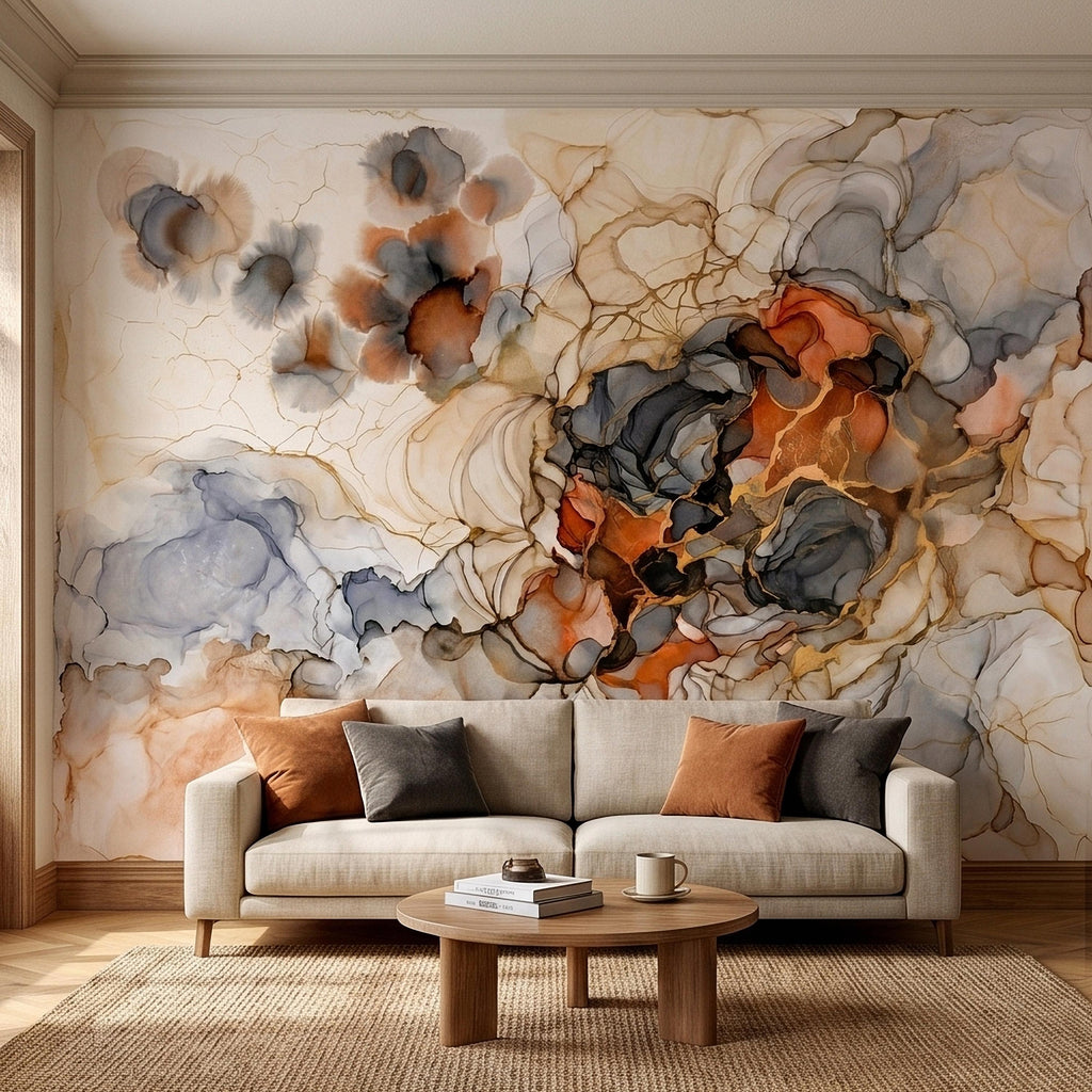 Abstract Marble Alcohol Ink Peel and Stick Wall Mural, Neutral Beige Gray Terracotta Copper Geode Fluid Swirl, Modern Boho Luxury Wallpaper