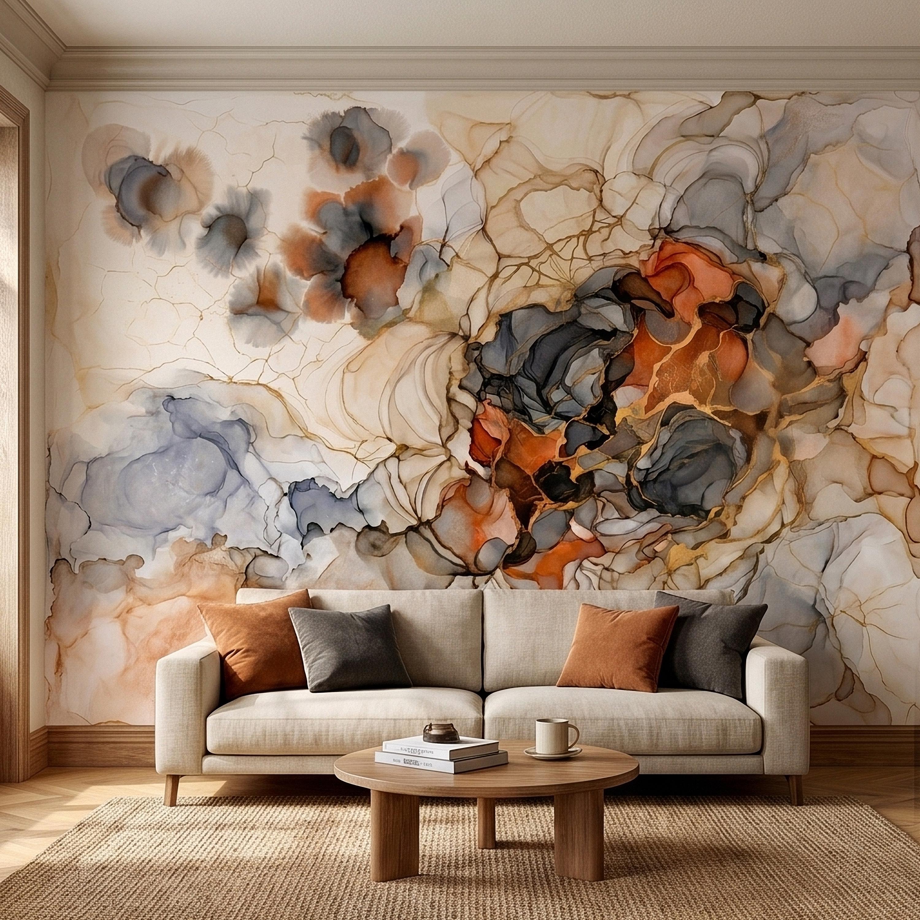 Abstract Marble Alcohol Ink Peel and Stick Wall Mural, Neutral Beige Gray Terracotta Copper Geode Fluid Swirl, Modern Boho Luxury Wallpaper