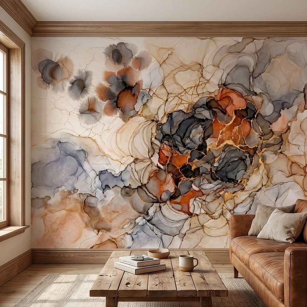Abstract Marble Alcohol Ink Peel and Stick Wall Mural, Neutral Beige Gray Terracotta Copper Geode Fluid Swirl, Modern Boho Luxury Wallpaper