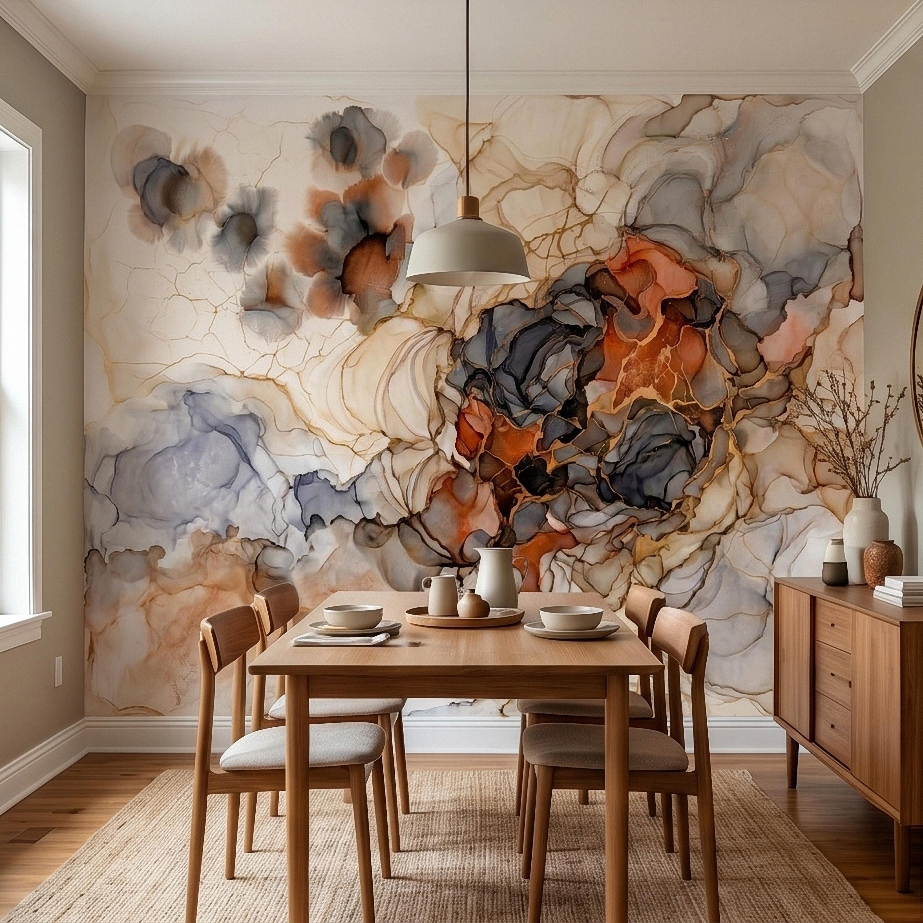 Abstract Marble Alcohol Ink Peel and Stick Wall Mural, Neutral Beige Gray Terracotta Copper Geode Fluid Swirl, Modern Boho Luxury Wallpaper