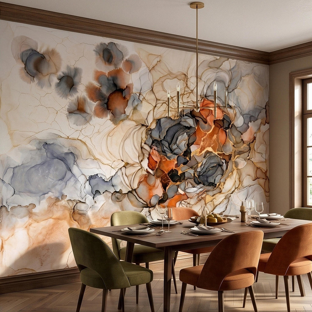 Abstract Marble Alcohol Ink Peel and Stick Wall Mural, Neutral Beige Gray Terracotta Copper Geode Fluid Swirl, Modern Boho Luxury Wallpaper