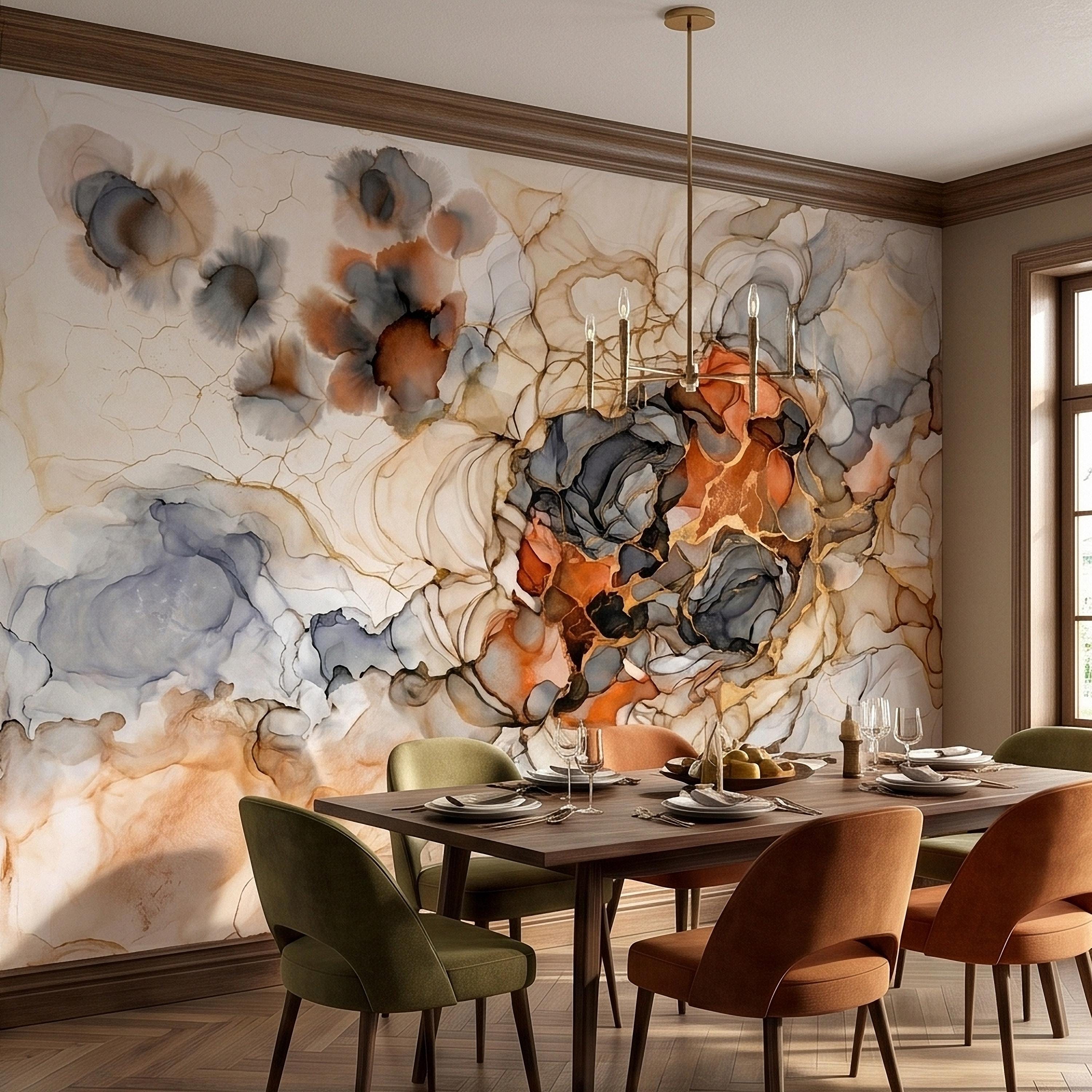 Abstract Marble Alcohol Ink Peel and Stick Wall Mural, Neutral Beige Gray Terracotta Copper Geode Fluid Swirl, Modern Boho Luxury Wallpaper