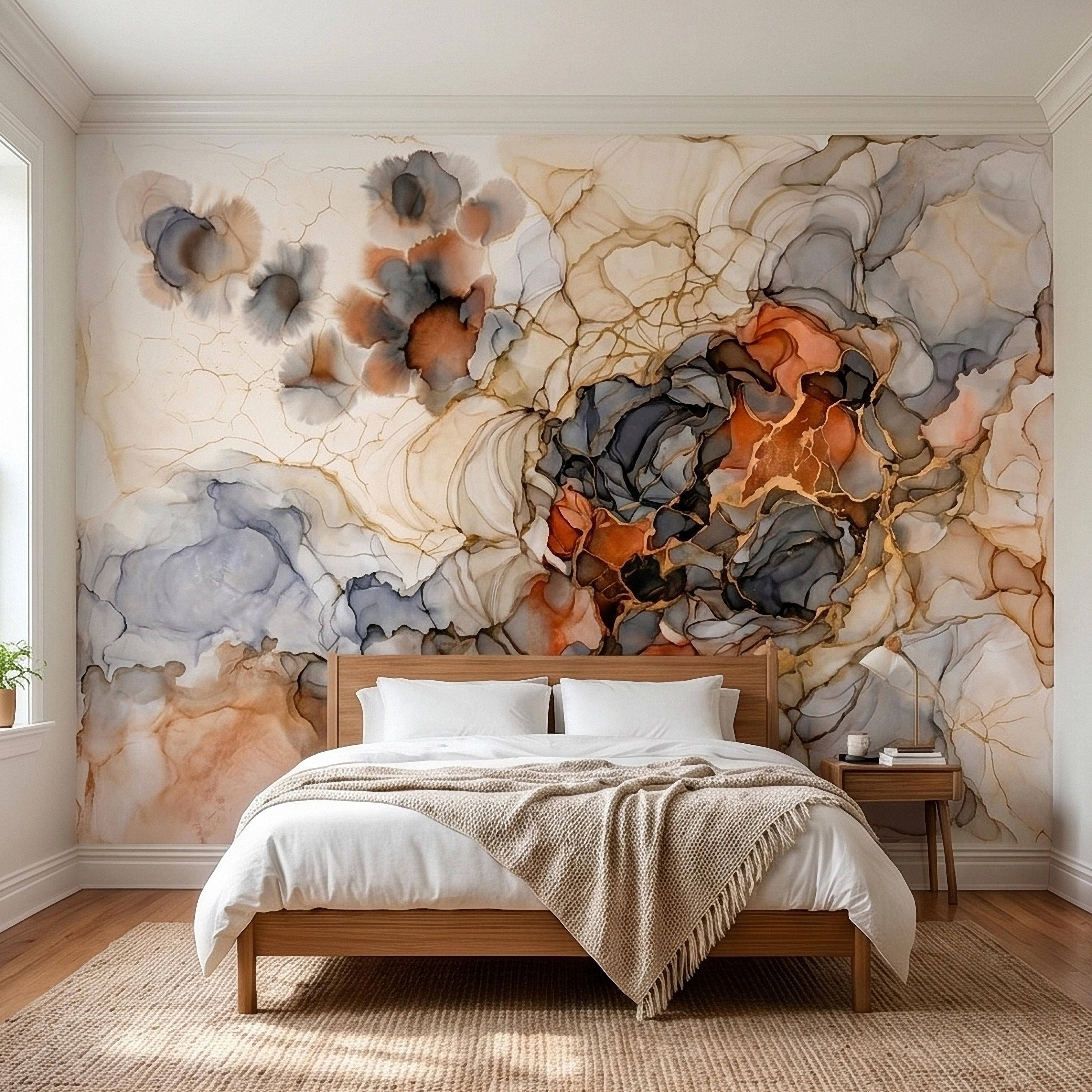 Abstract Marble Alcohol Ink Peel and Stick Wall Mural, Neutral Beige Gray Terracotta Copper Geode Fluid Swirl, Modern Boho Luxury Wallpaper