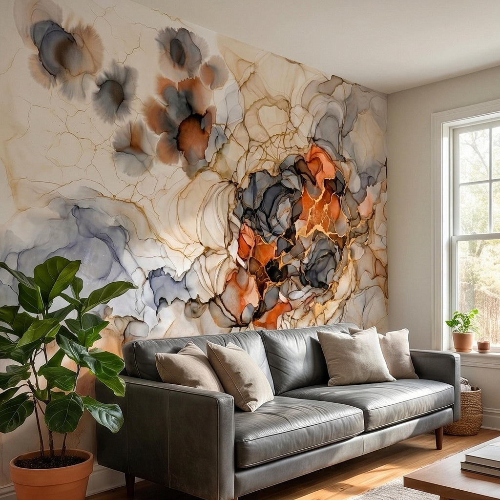 Abstract Marble Alcohol Ink Peel and Stick Wall Mural, Neutral Beige Gray Terracotta Copper Geode Fluid Swirl, Modern Boho Luxury Wallpaper