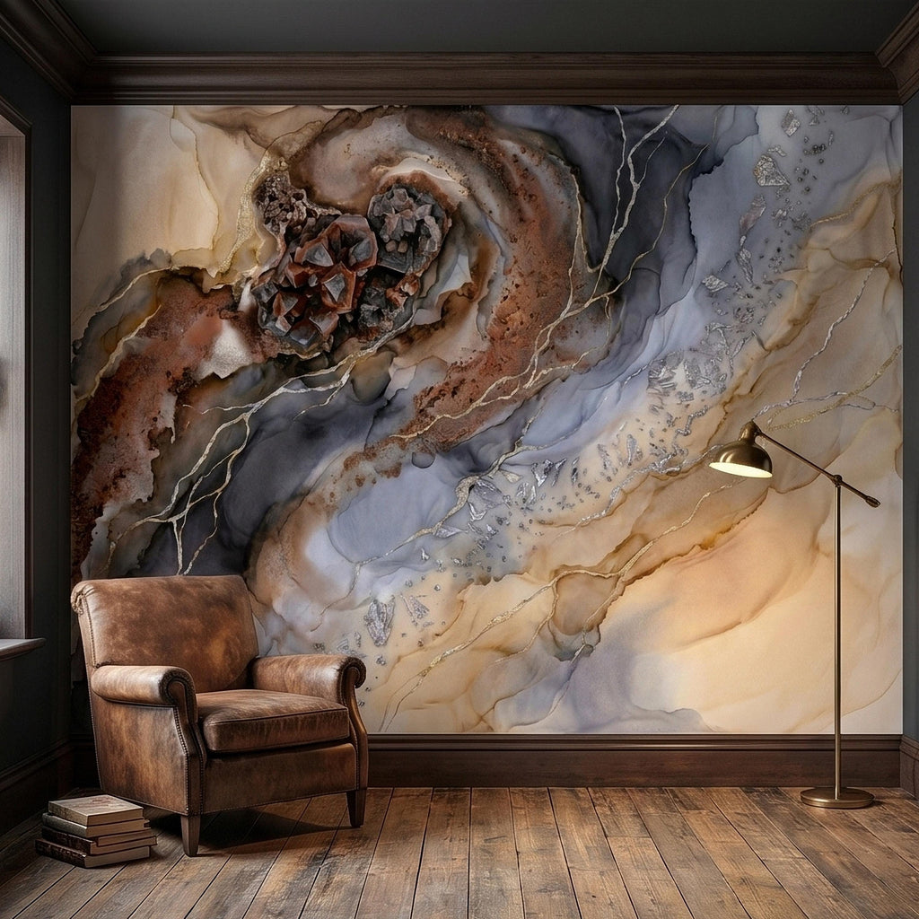 Geode Agate Peel and Stick Wall Mural, Abstract Marble Alcohol Ink Swirl, Faux Crystal Quartz Stone Vein Texture, Modern Boho Wallpaper