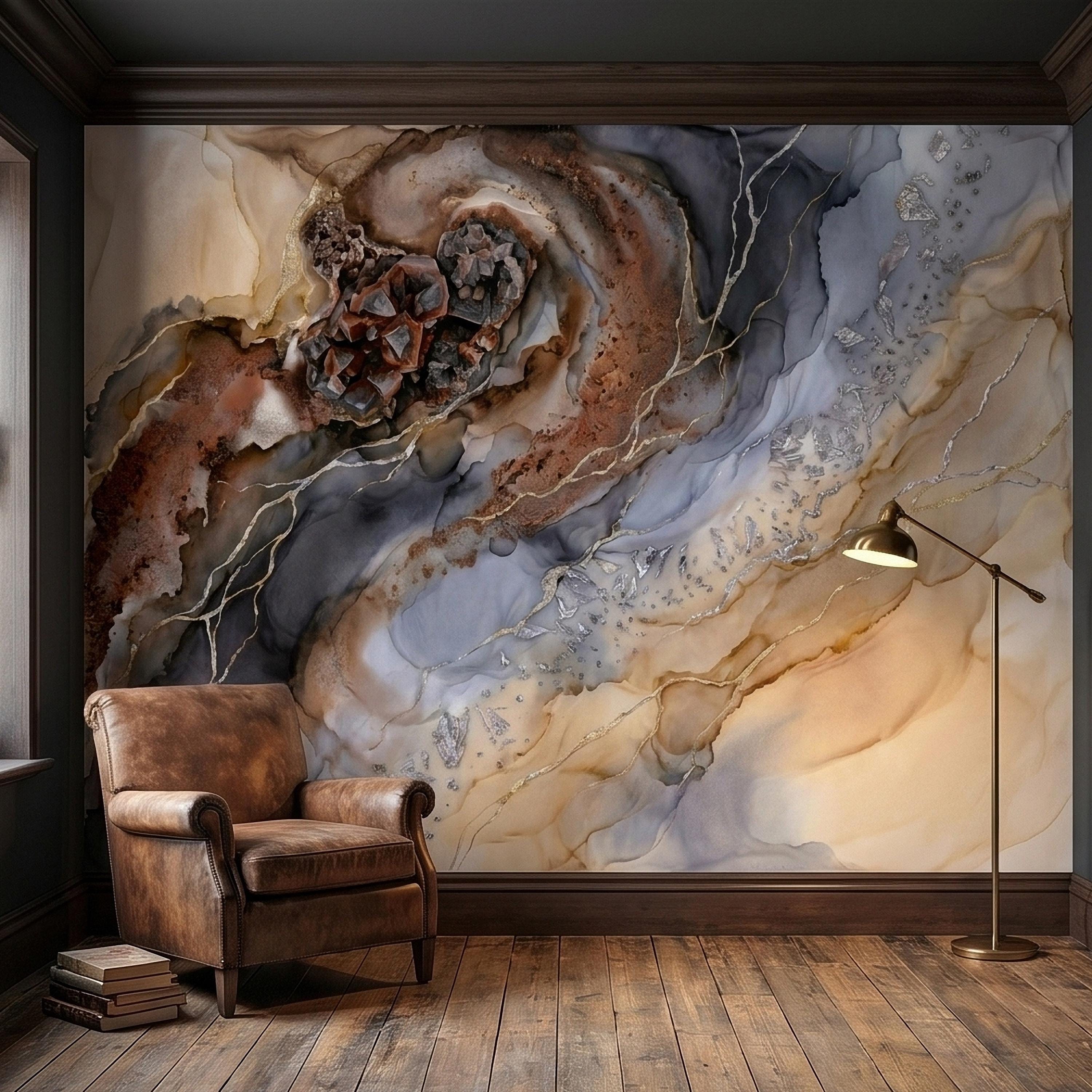 Geode Agate Peel and Stick Wall Mural, Abstract Marble Alcohol Ink Swirl, Faux Crystal Quartz Stone Vein Texture, Modern Boho Wallpaper