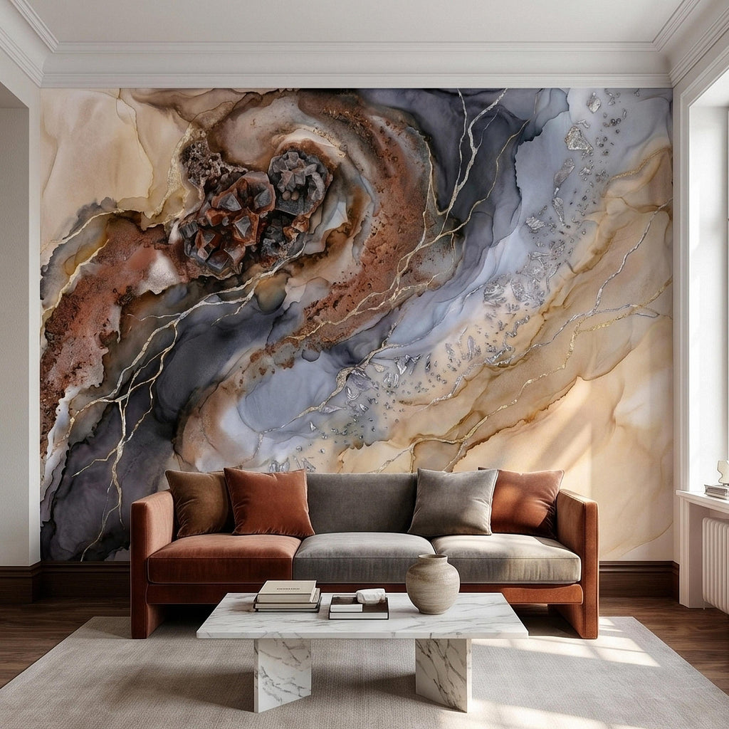 Geode Agate Peel and Stick Wall Mural, Abstract Marble Alcohol Ink Swirl, Faux Crystal Quartz Stone Vein Texture, Modern Boho Wallpaper