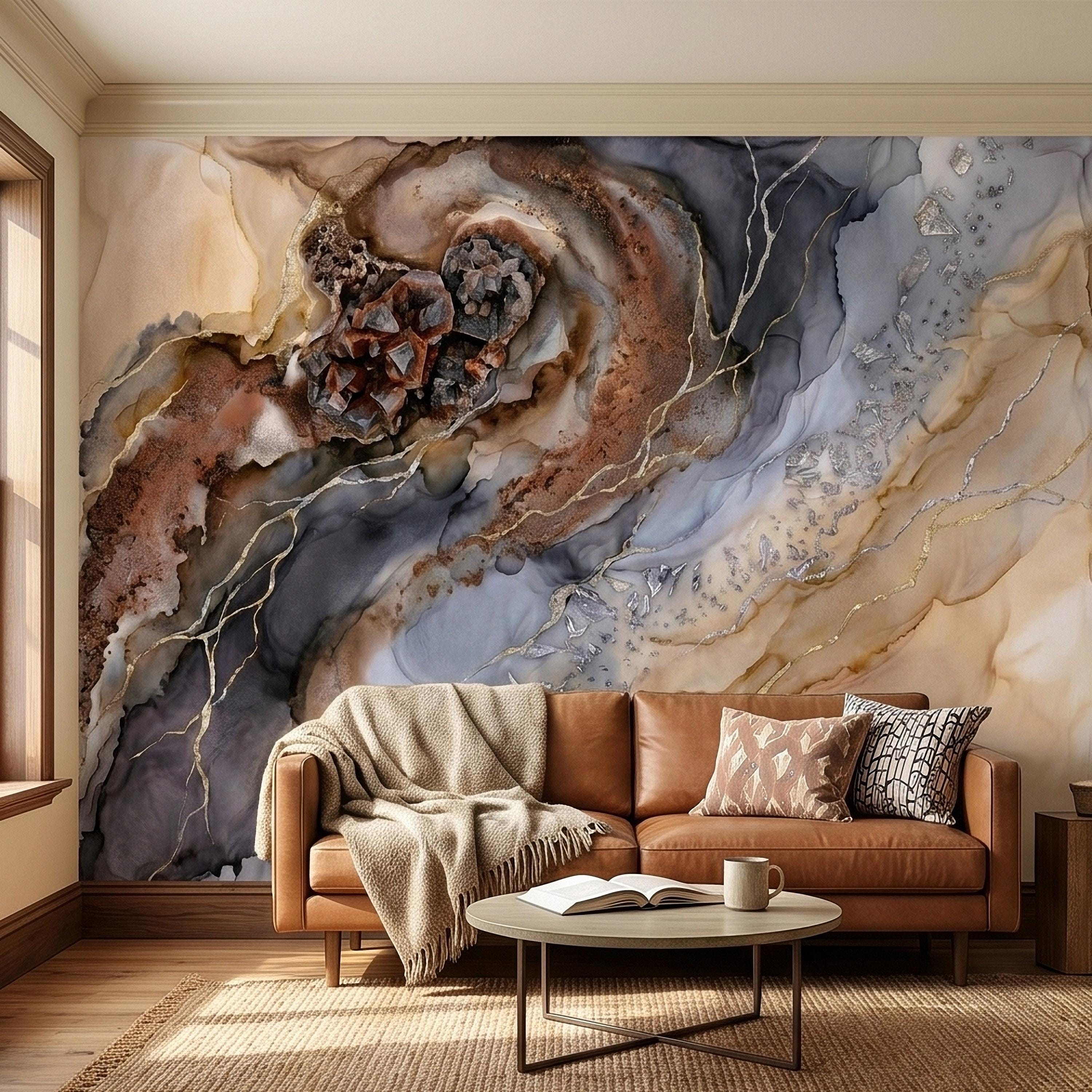 Geode Agate Peel and Stick Wall Mural, Abstract Marble Alcohol Ink Swirl, Faux Crystal Quartz Stone Vein Texture, Modern Boho Wallpaper