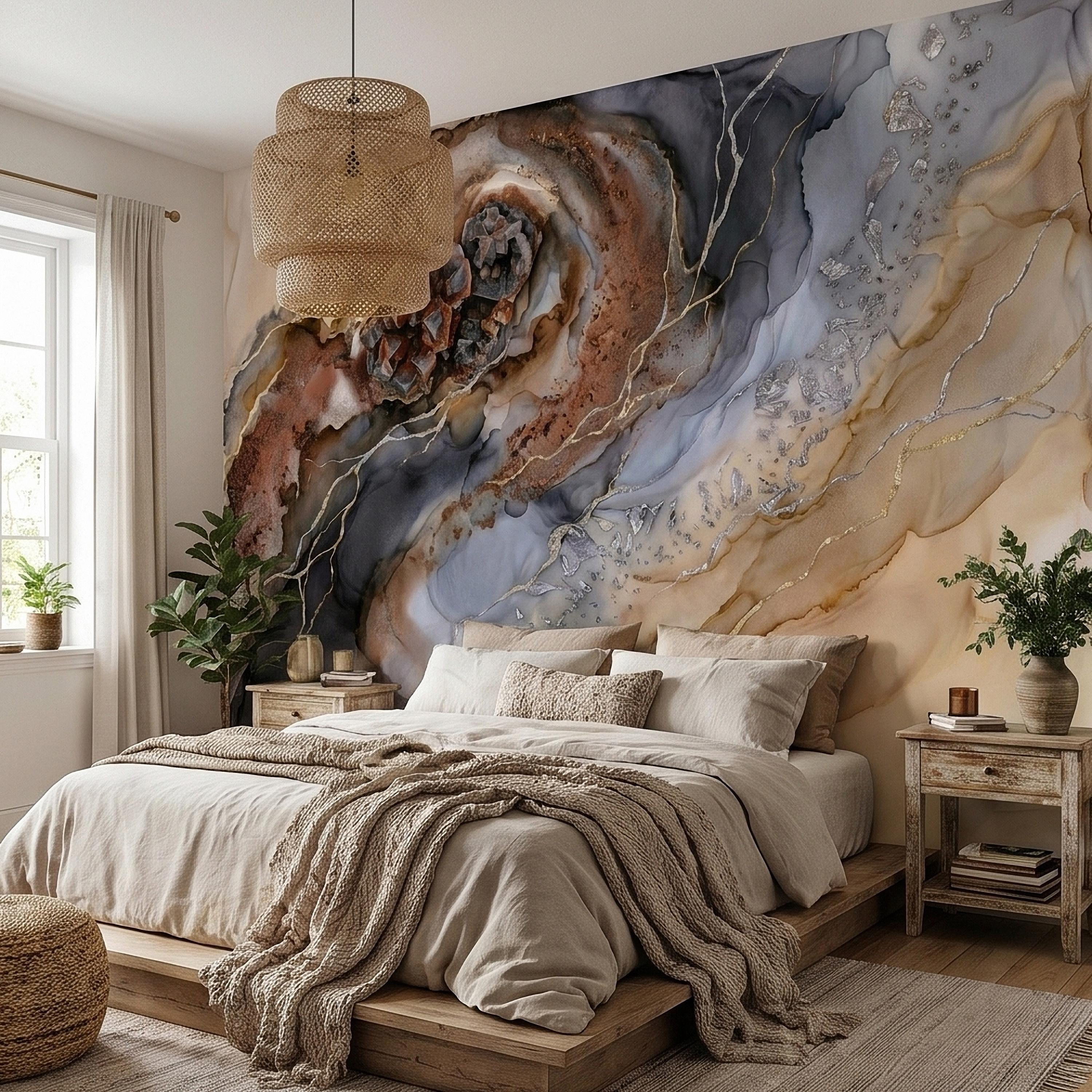 Geode Agate Peel and Stick Wall Mural, Abstract Marble Alcohol Ink Swirl, Faux Crystal Quartz Stone Vein Texture, Modern Boho Wallpaper