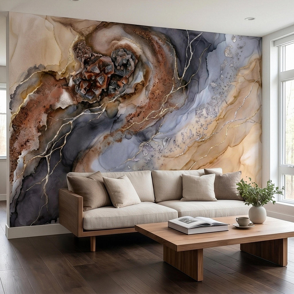 Geode Agate Peel and Stick Wall Mural, Abstract Marble Alcohol Ink Swirl, Faux Crystal Quartz Stone Vein Texture, Modern Boho Wallpaper