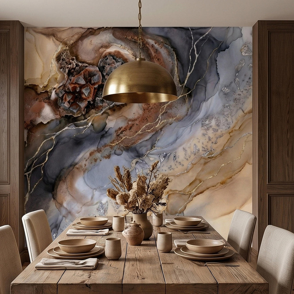 Geode Agate Peel and Stick Wall Mural, Abstract Marble Alcohol Ink Swirl, Faux Crystal Quartz Stone Vein Texture, Modern Boho Wallpaper