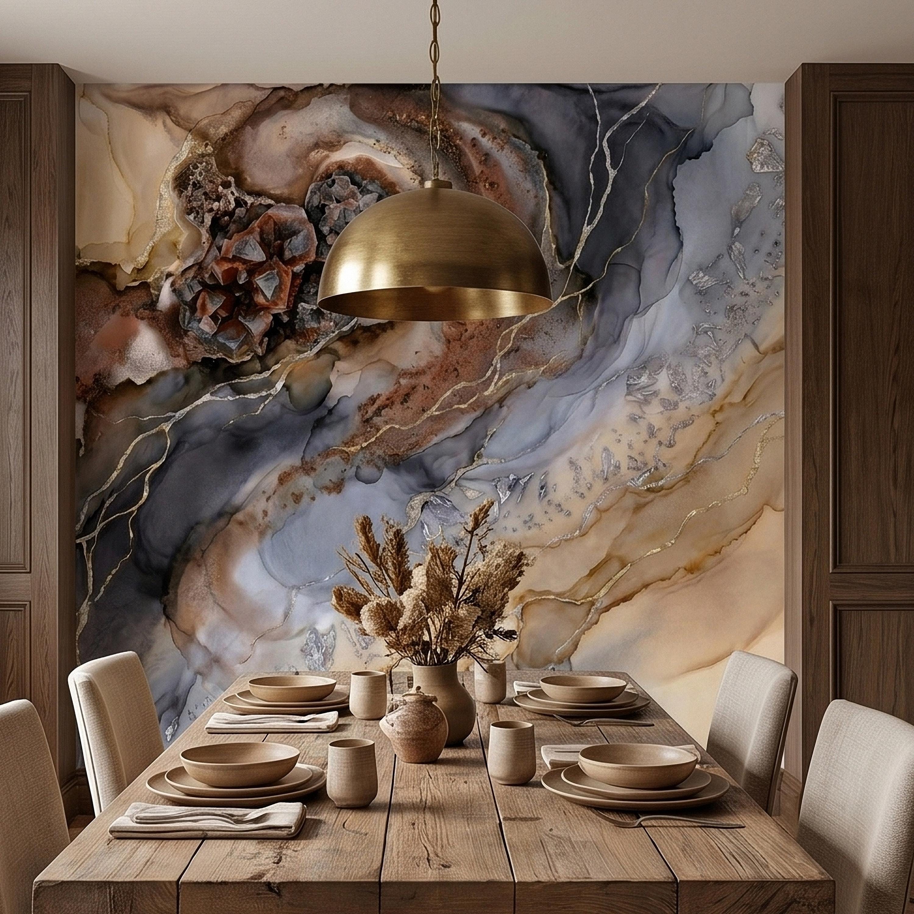 Geode Agate Peel and Stick Wall Mural, Abstract Marble Alcohol Ink Swirl, Faux Crystal Quartz Stone Vein Texture, Modern Boho Wallpaper
