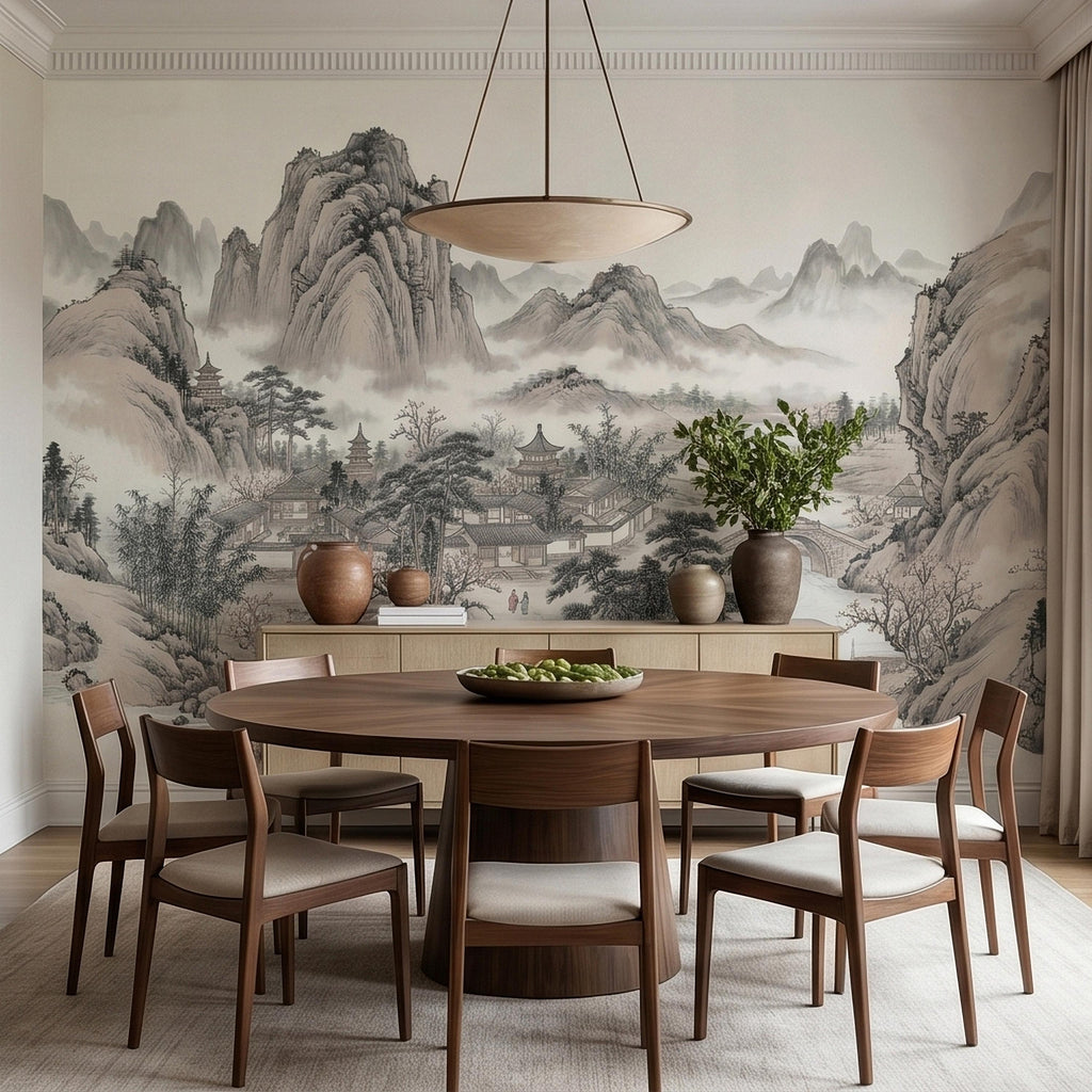 Chinese Ink Wash Landscape Peel and Stick Wall Mural, Chinoiserie Mountain River Pagoda Scene, Traditional Shan Shui Zen Asian Art Wallpaper
