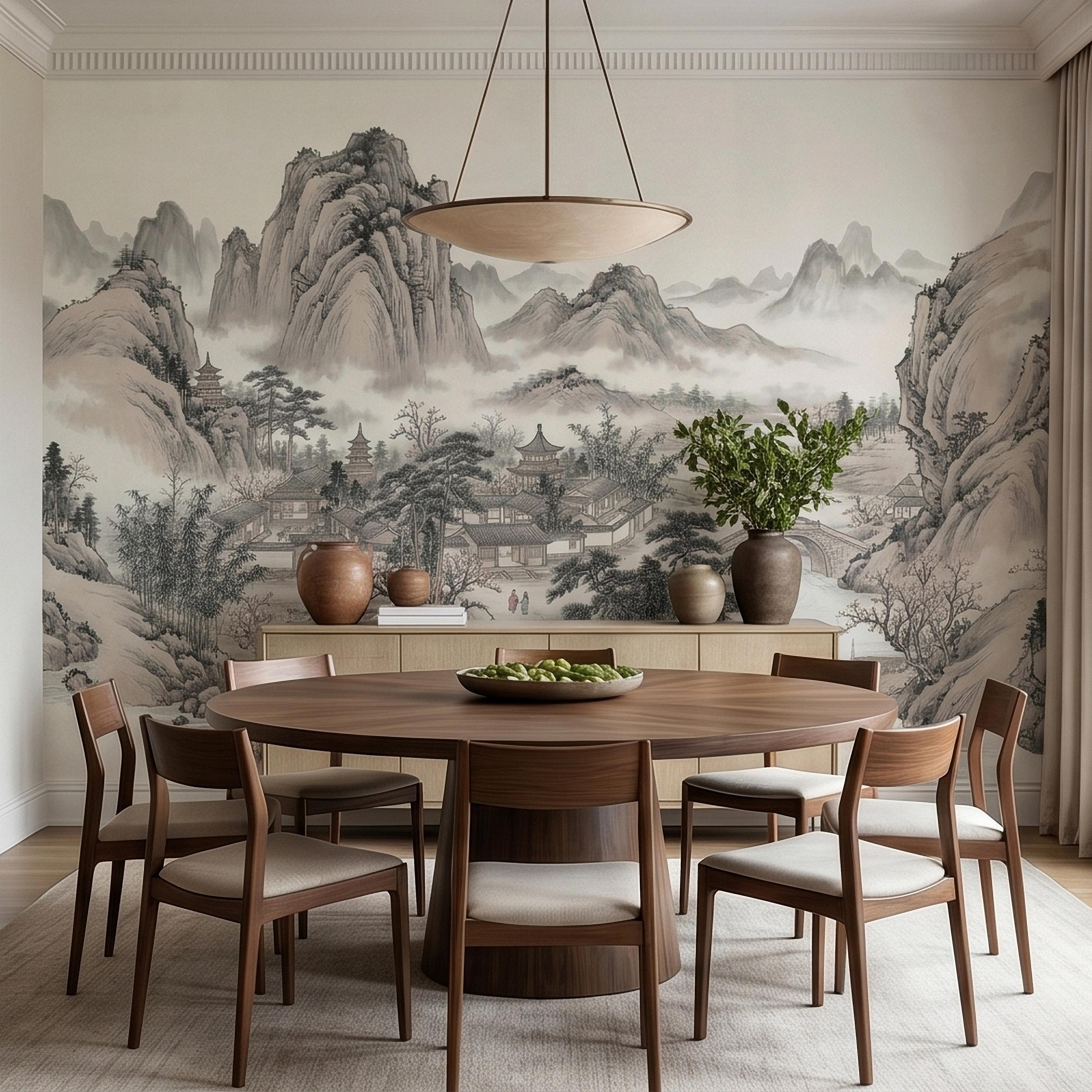 Chinese Ink Wash Landscape Peel and Stick Wall Mural, Chinoiserie Mountain River Pagoda Scene, Traditional Shan Shui Zen Asian Art Wallpaper