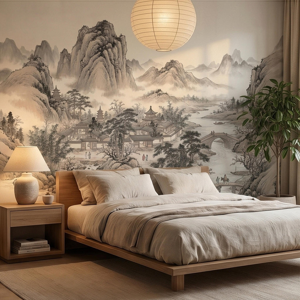 Chinese Ink Wash Landscape Peel and Stick Wall Mural, Chinoiserie Mountain River Pagoda Scene, Traditional Shan Shui Zen Asian Art Wallpaper