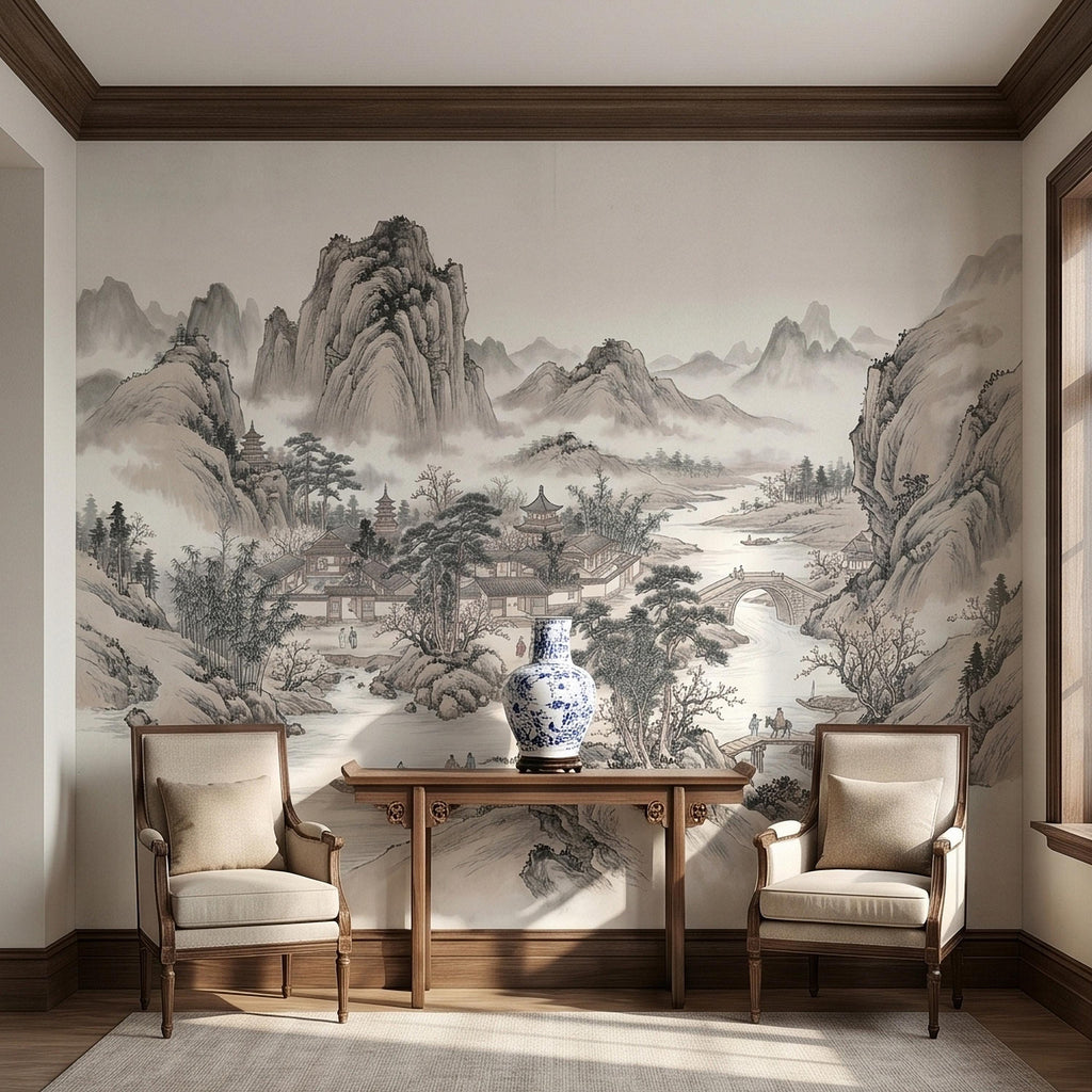 Chinese Ink Wash Landscape Peel and Stick Wall Mural, Chinoiserie Mountain River Pagoda Scene, Traditional Shan Shui Zen Asian Art Wallpaper