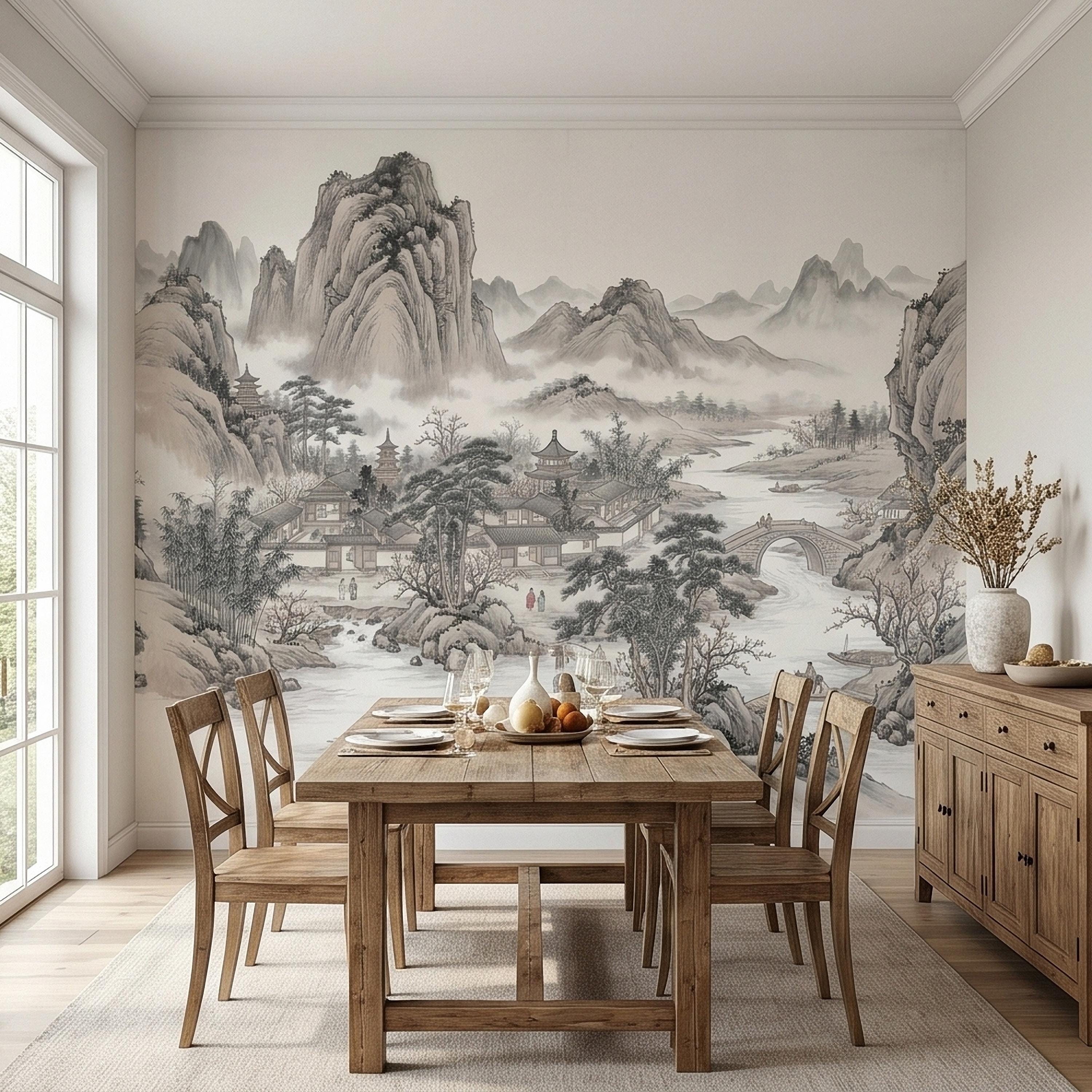 Chinese Ink Wash Landscape Peel and Stick Wall Mural, Chinoiserie Mountain River Pagoda Scene, Traditional Shan Shui Zen Asian Art Wallpaper