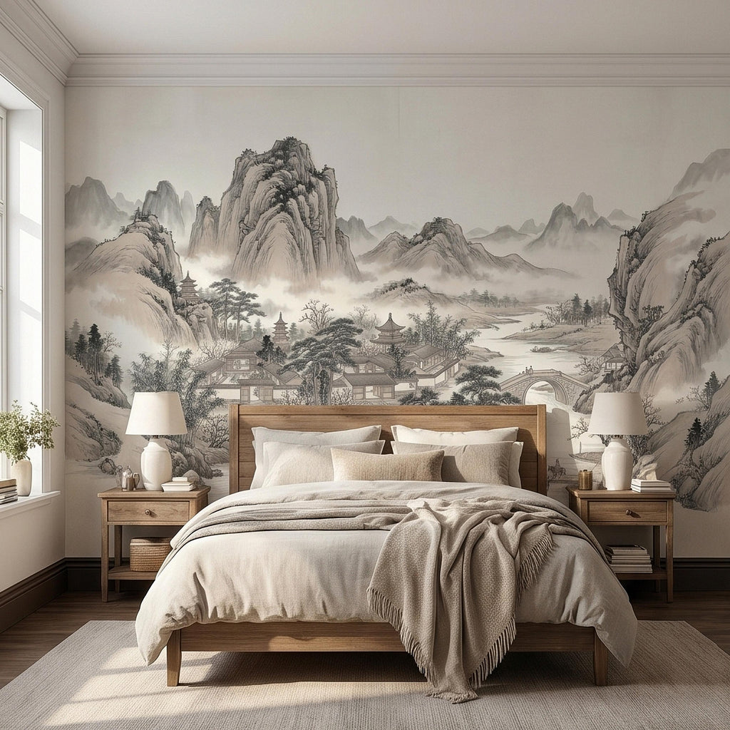 Chinese Ink Wash Landscape Peel and Stick Wall Mural, Chinoiserie Mountain River Pagoda Scene, Traditional Shan Shui Zen Asian Art Wallpaper