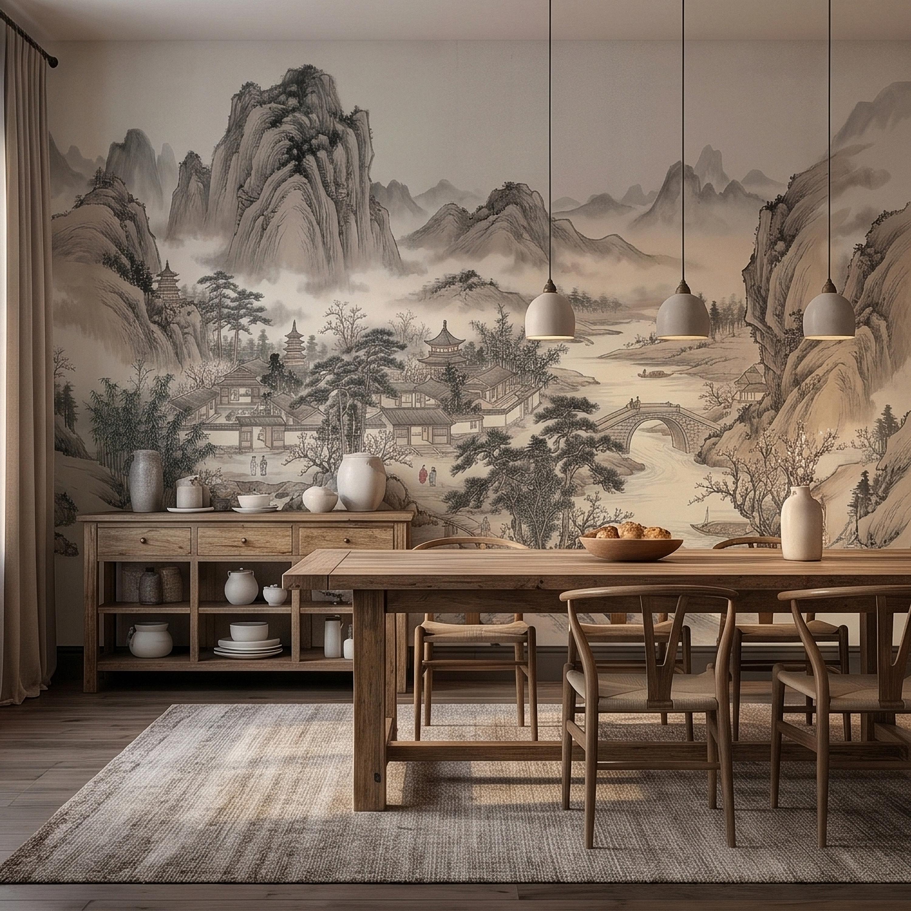 Chinese Ink Wash Landscape Peel and Stick Wall Mural, Chinoiserie Mountain River Pagoda Scene, Traditional Shan Shui Zen Asian Art Wallpaper