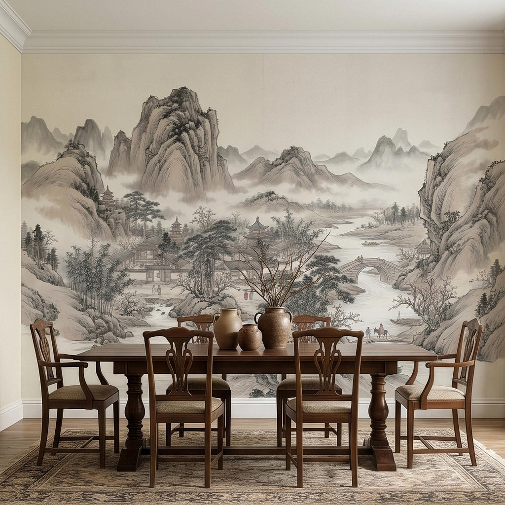Chinese Ink Wash Landscape Peel and Stick Wall Mural, Chinoiserie Mountain River Pagoda Scene, Traditional Shan Shui Zen Asian Art Wallpaper
